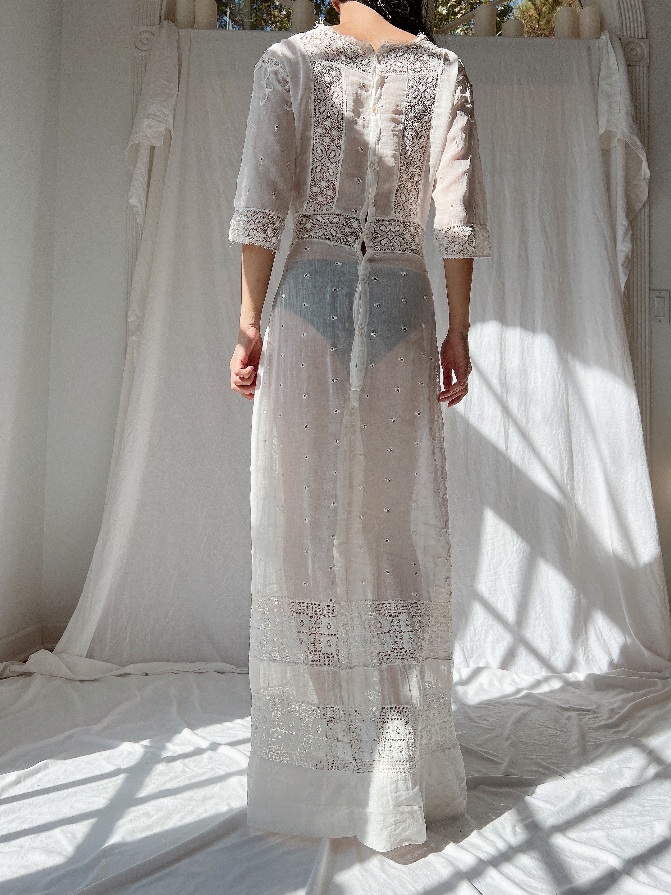 Antique Embroidered Cotton Dress - S