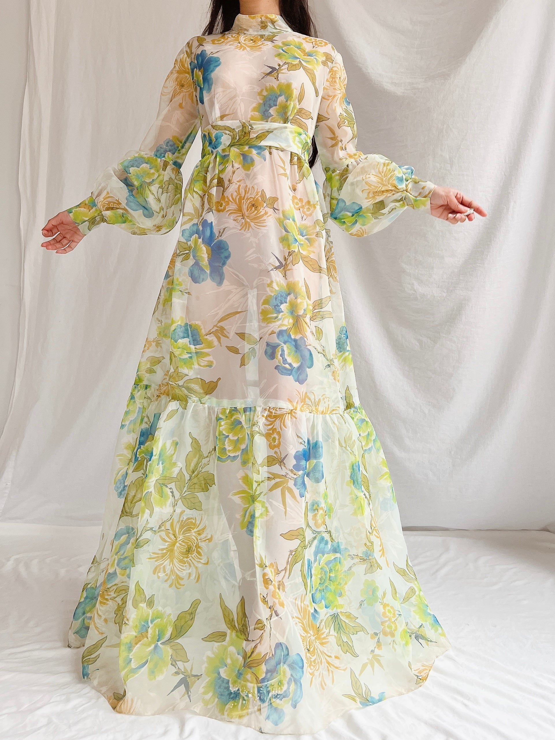 1970s Sheer Voile Puff Sleeves Gown - M
