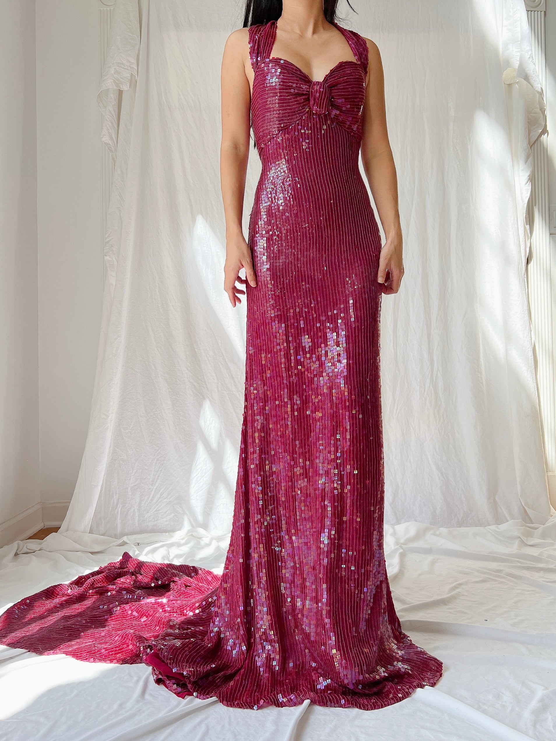 Vintage Ruby Silk Sequins Gown - L/US 12