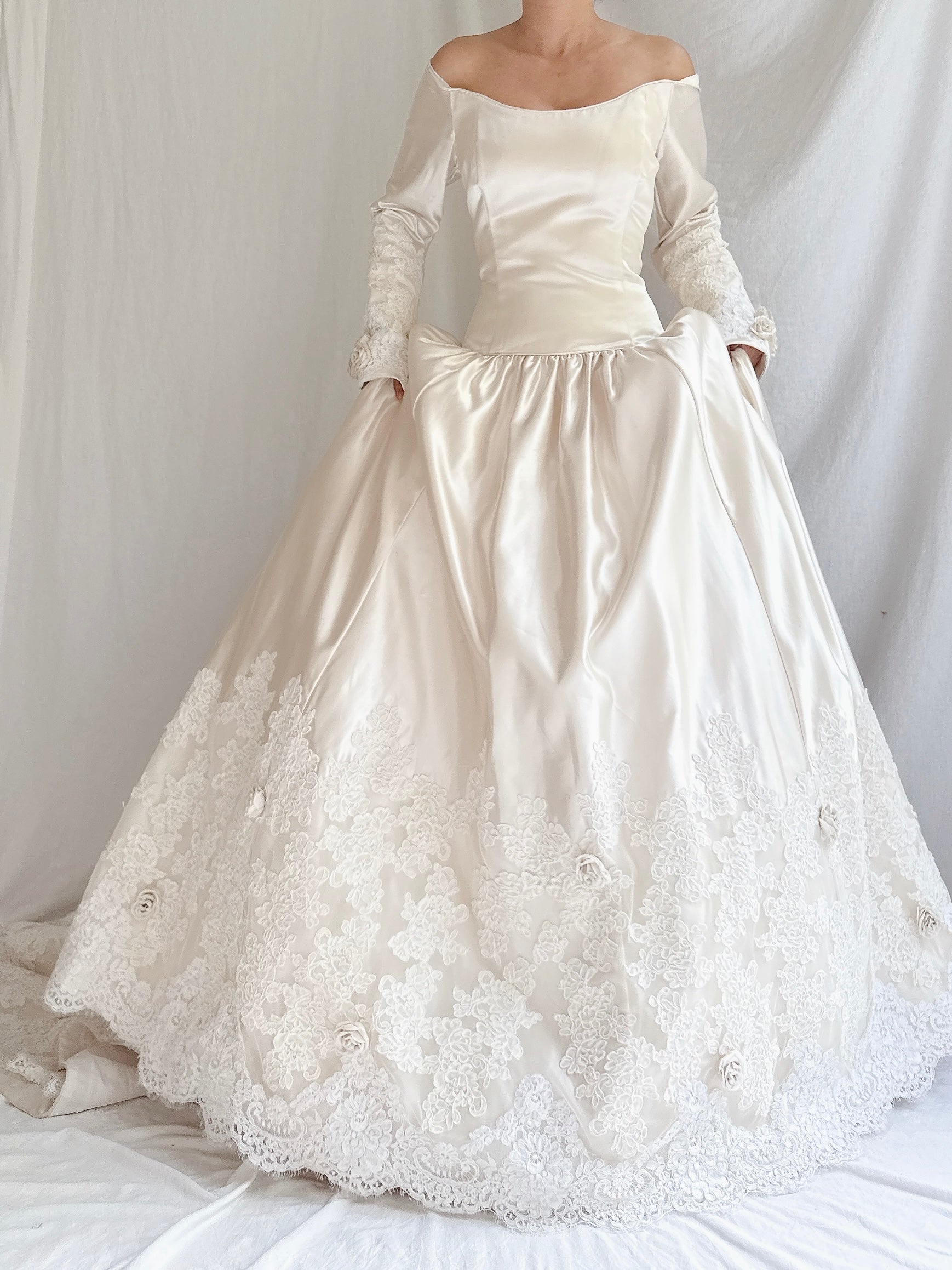 1990s Mori Lee Satin and Lace Gown - M