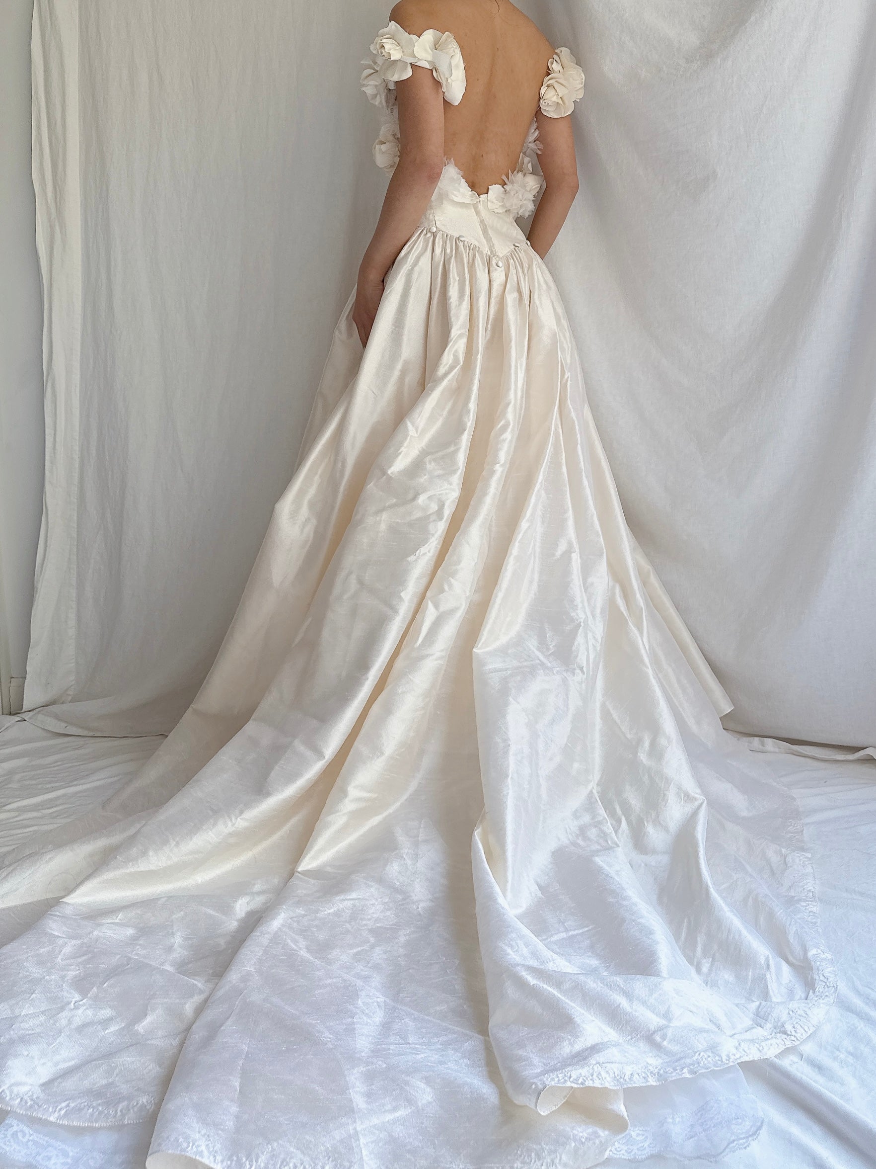 Vintage Silk Low Back Rosette Gown - M