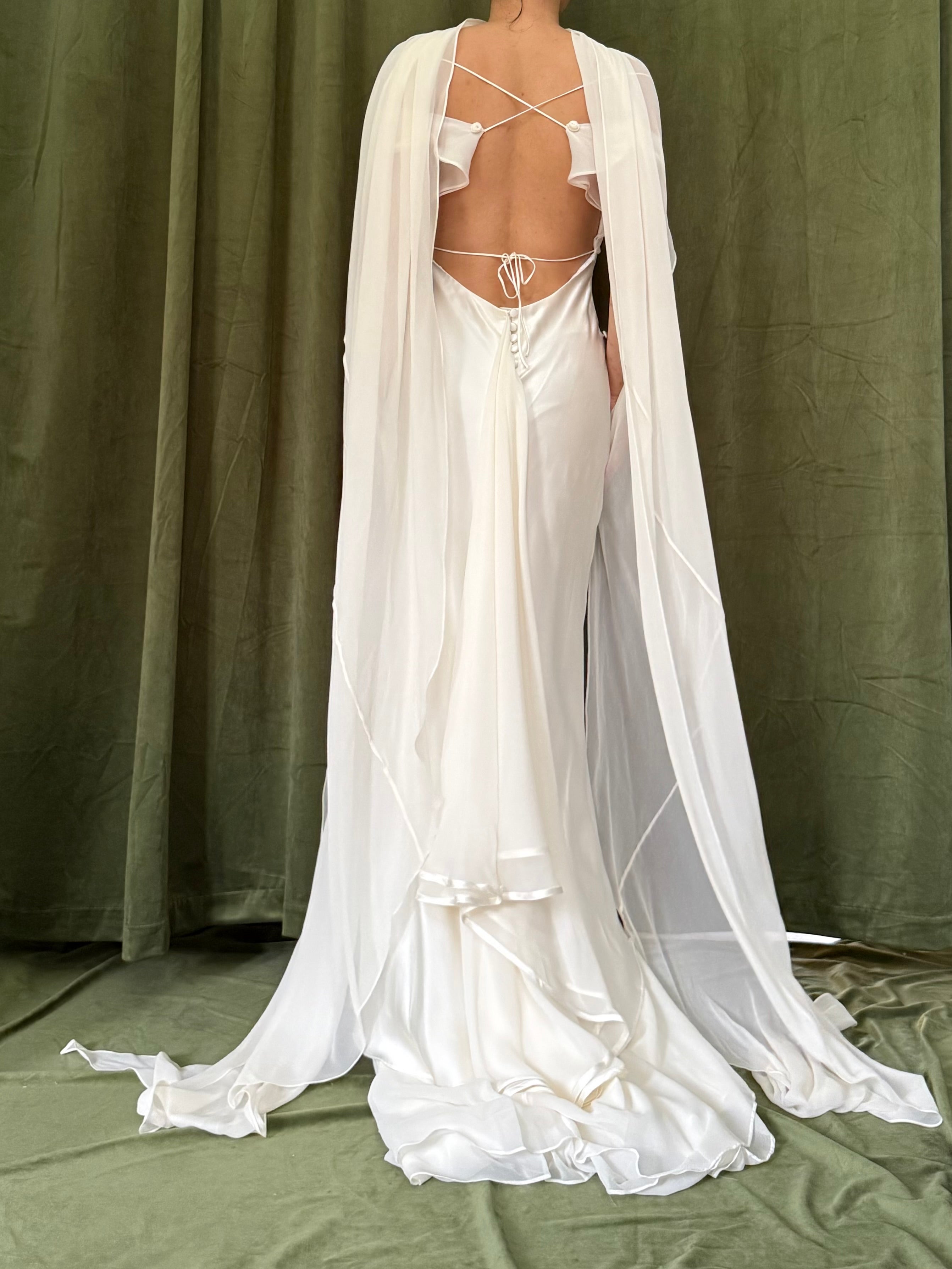 1990s Silk Chiffon Charmeuse Gown w/Scarf - M