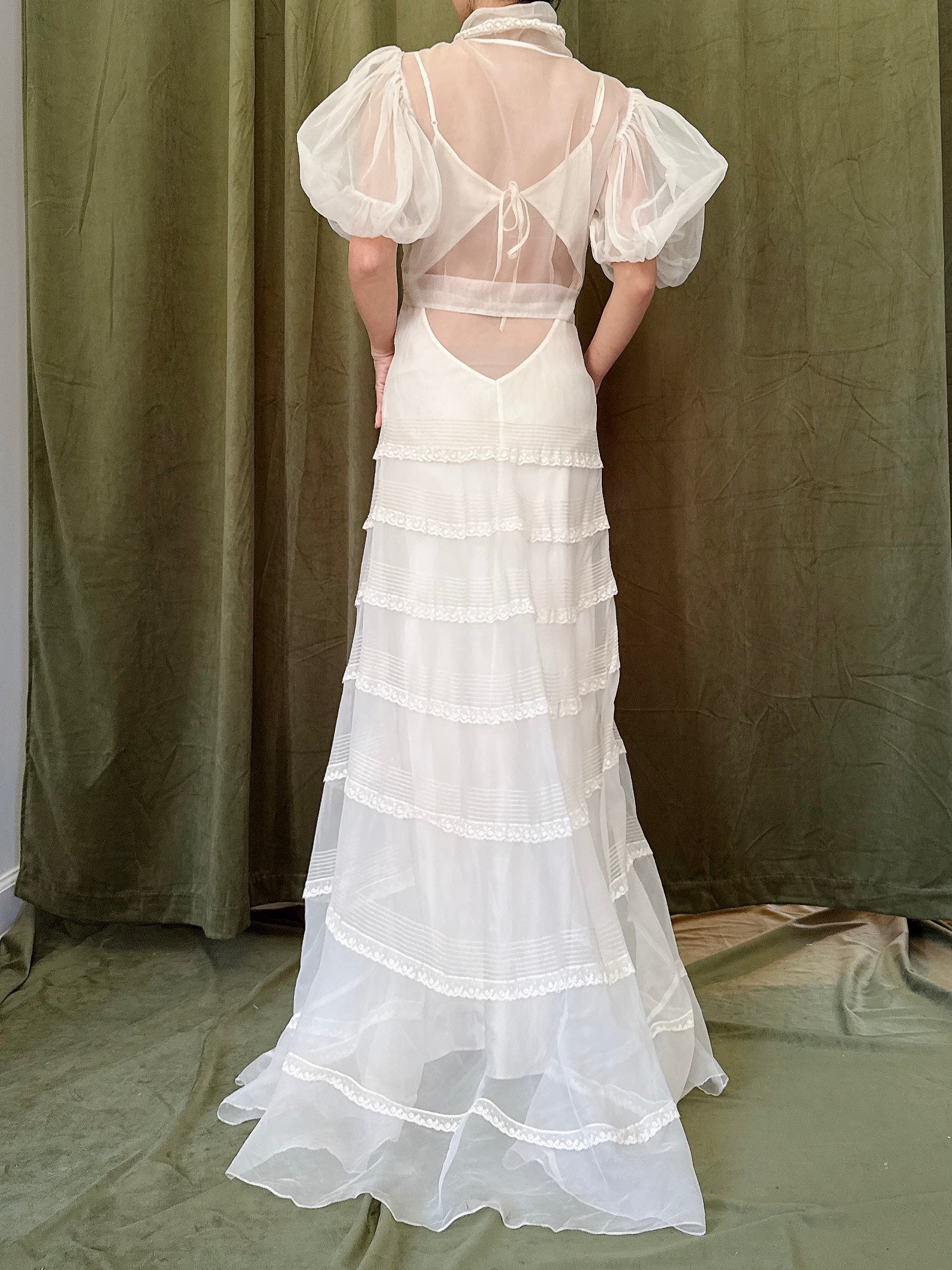 1930s Silk Organza Puff Sleeve Gown - XS