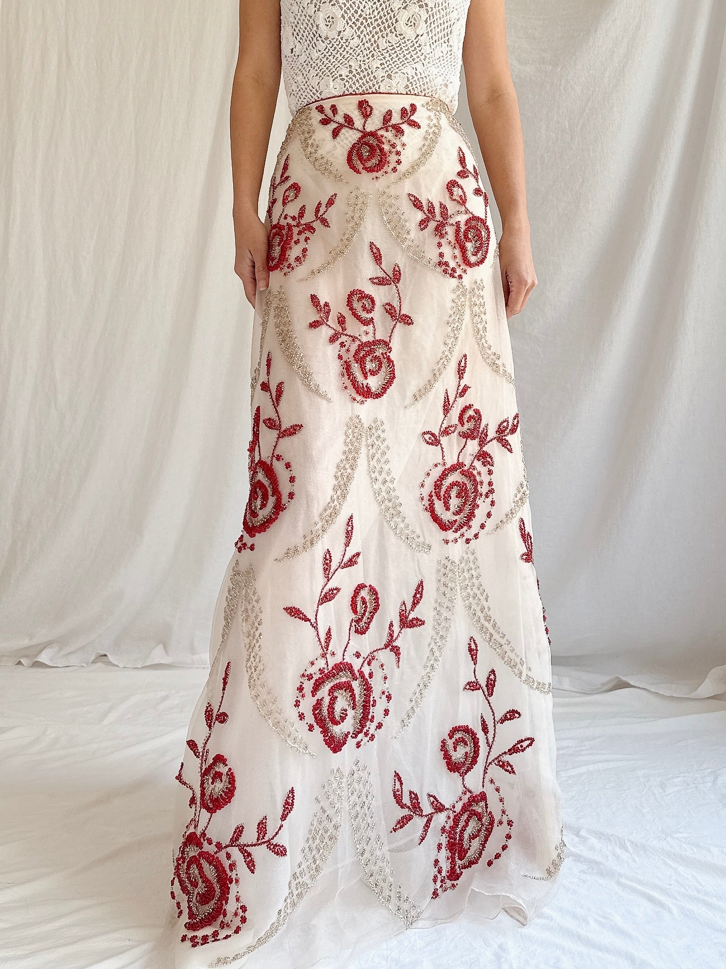 Vintage Handmade Beaded Organza Skirt - 28”
