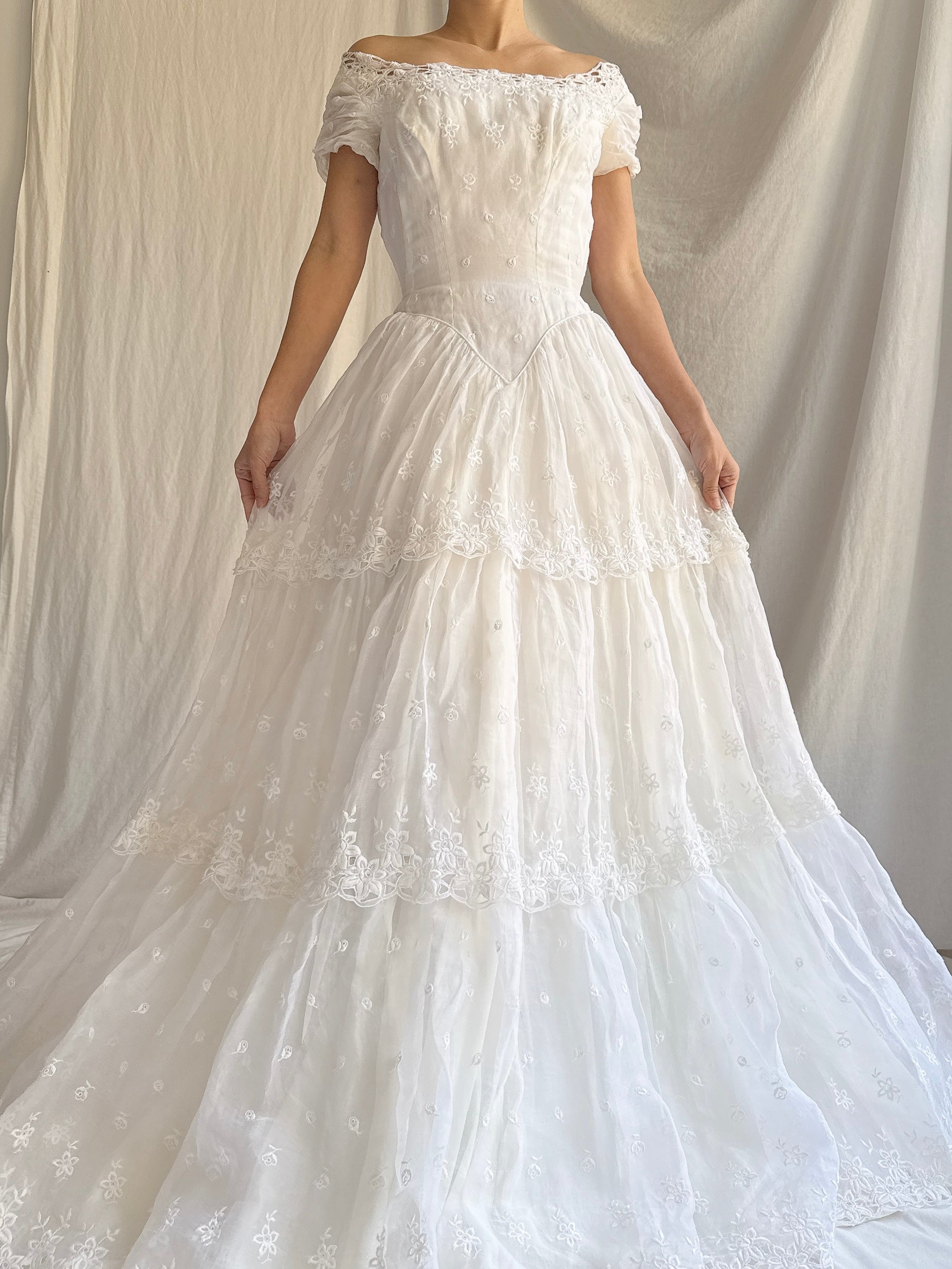 RESERVED for Colette 1950s Organdy Embroidered Gown - XS
