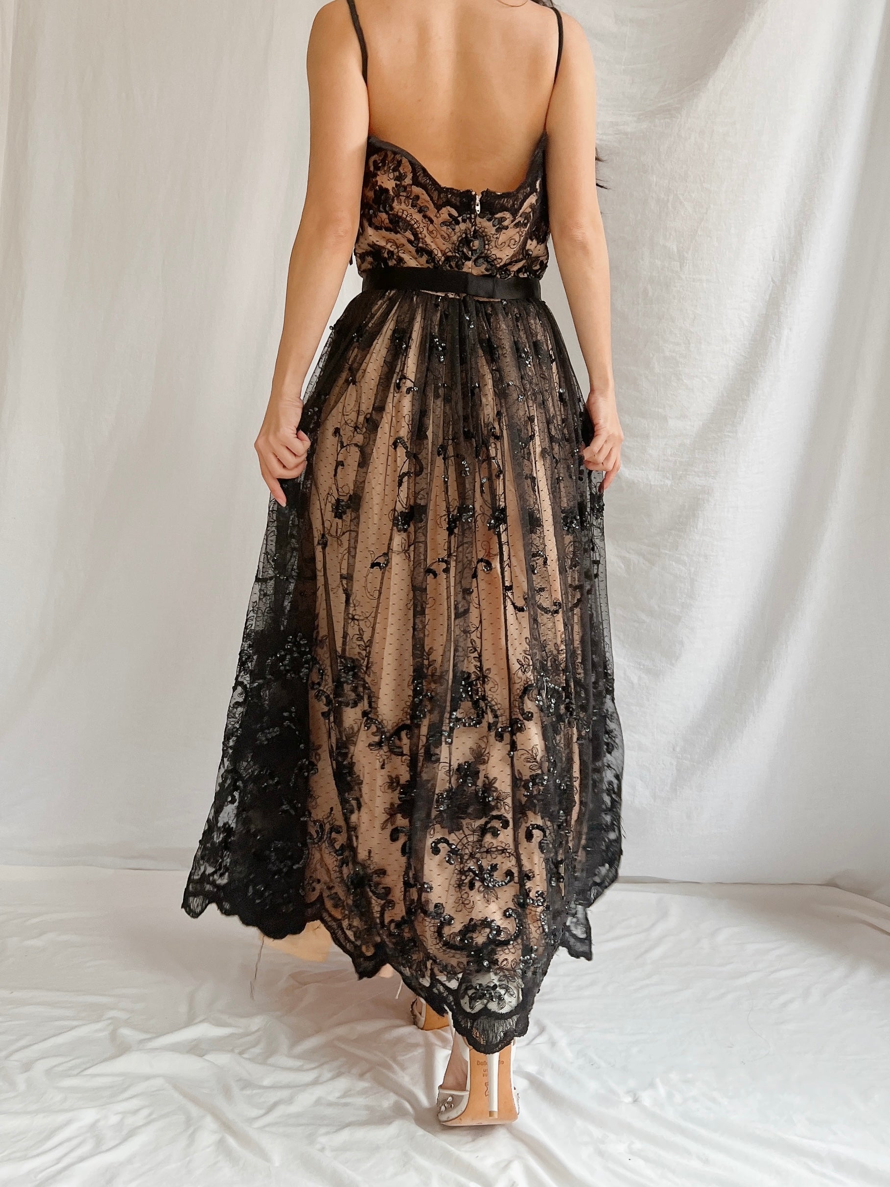 Vintage Nude and Black Lace Dress - S