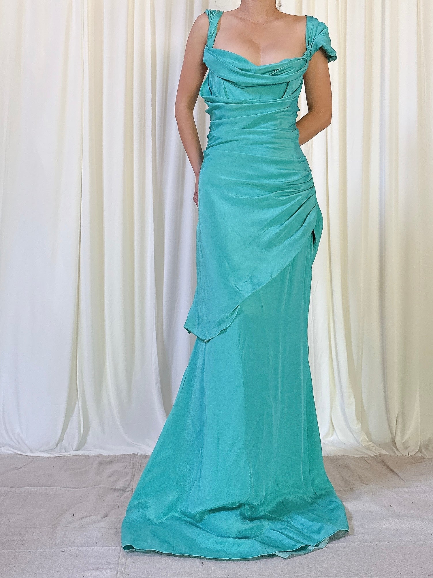 Vintage Teal Silk Off the Shoulder Silk Gown - M/8