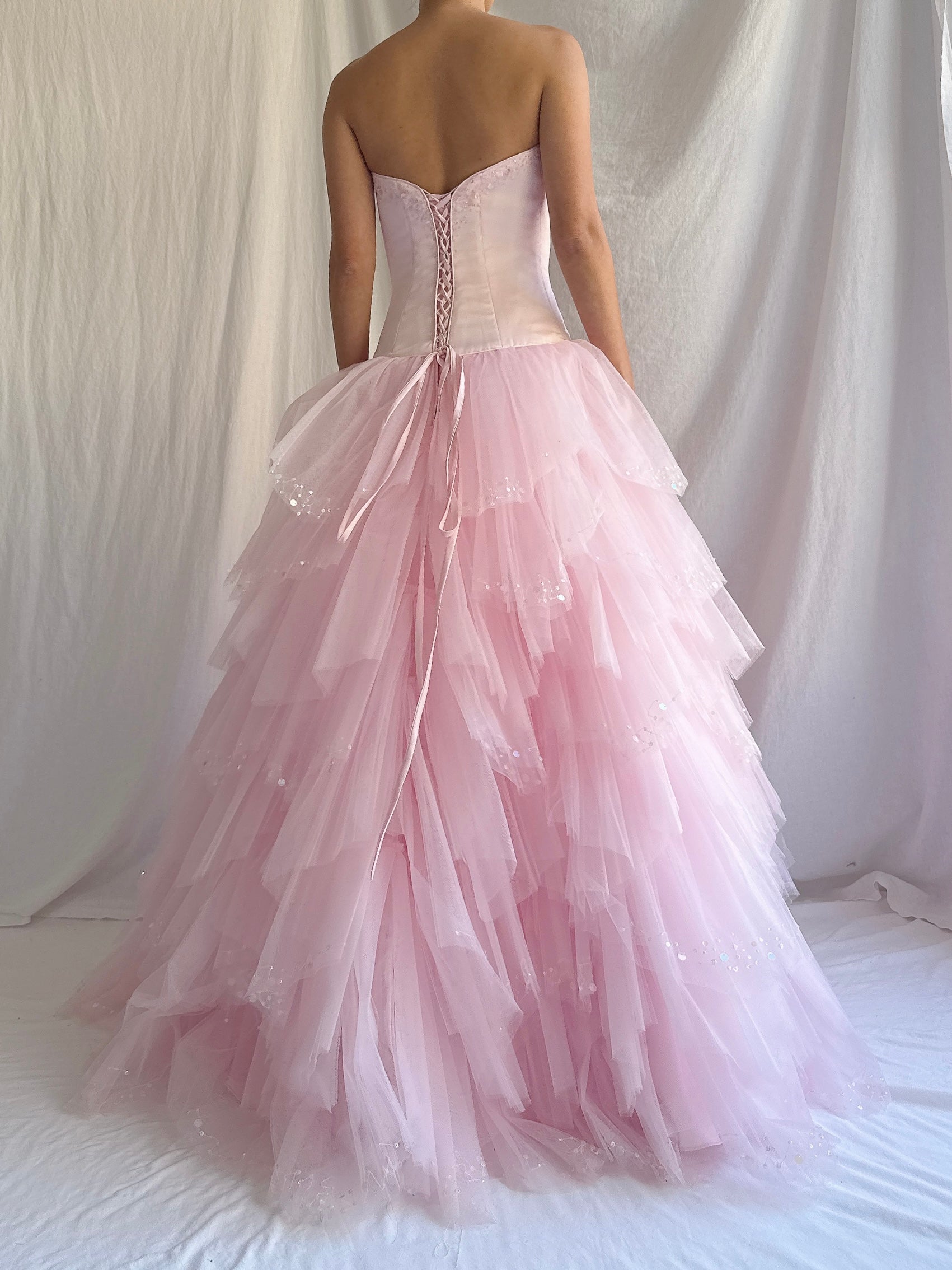 1990s Maggie Sotero Satin Tiered Dress - M/4-8