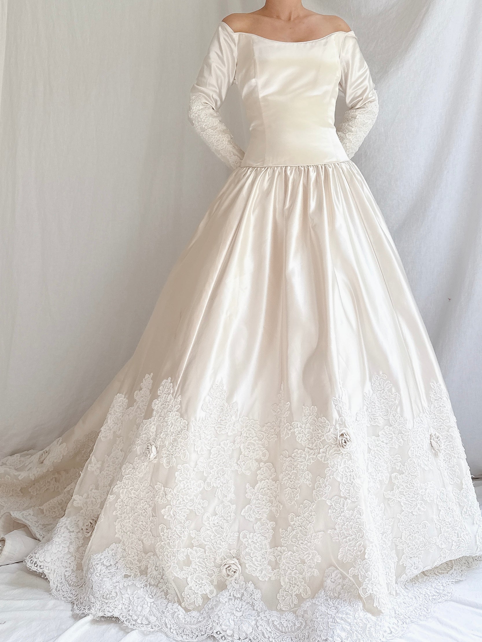 1990s Mori Lee Satin and Lace Gown - M