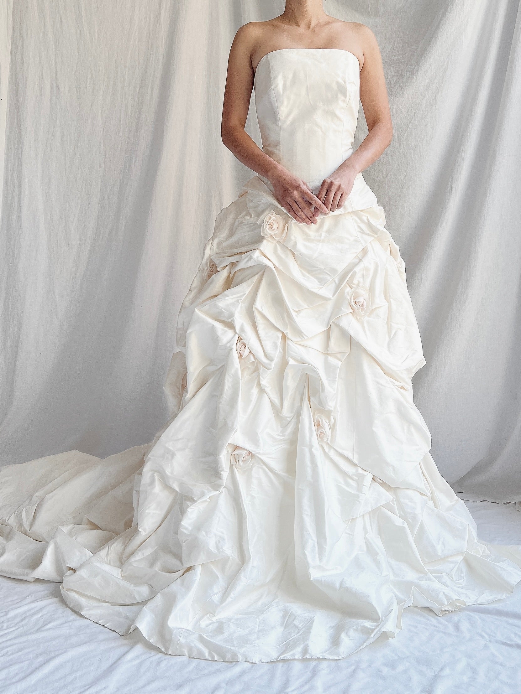 1990s Silk Dropped Waist Draped Rosette Gown - S/6