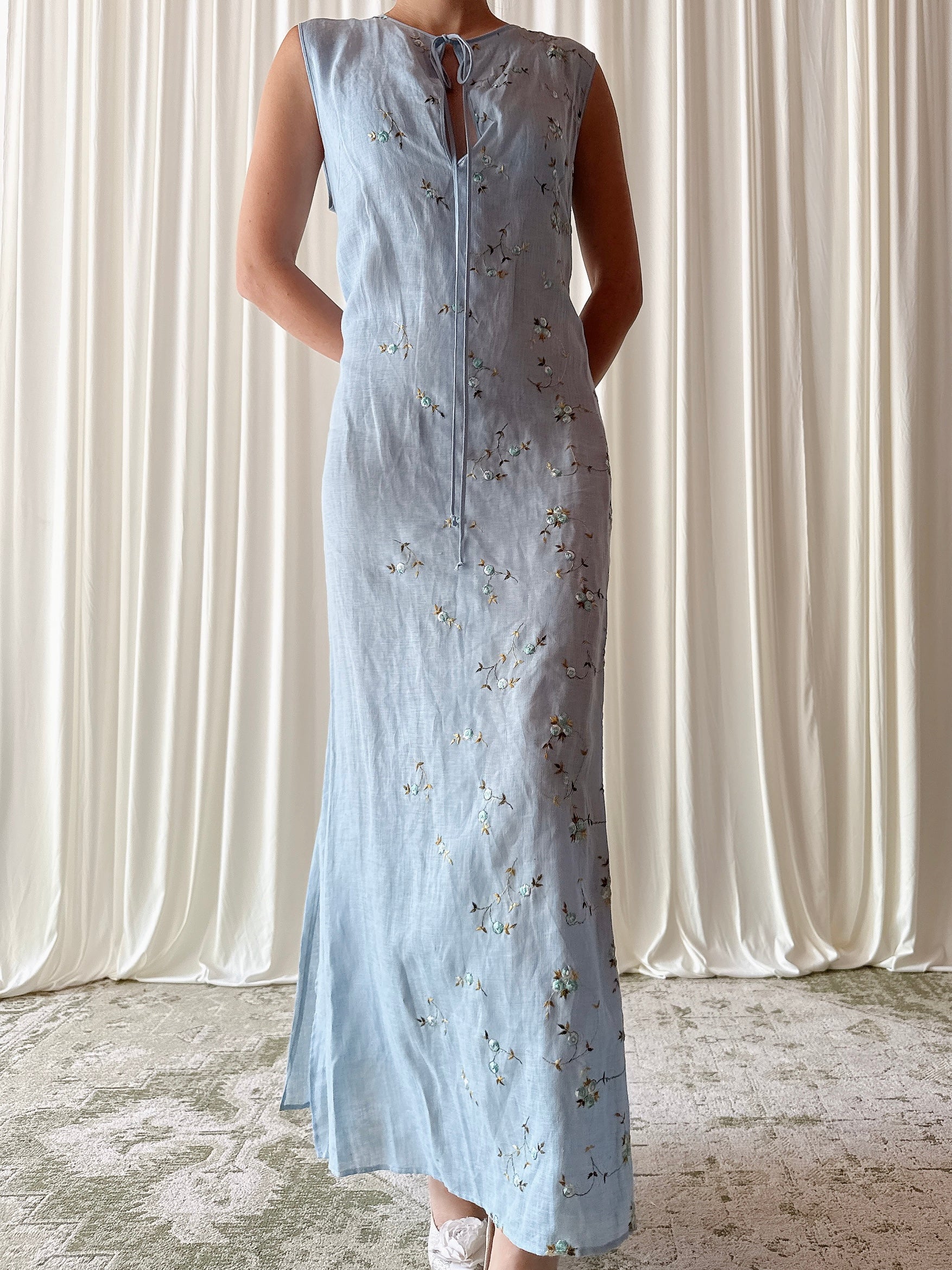 Vintage Blue Linen Embroidered Dress - FR 44