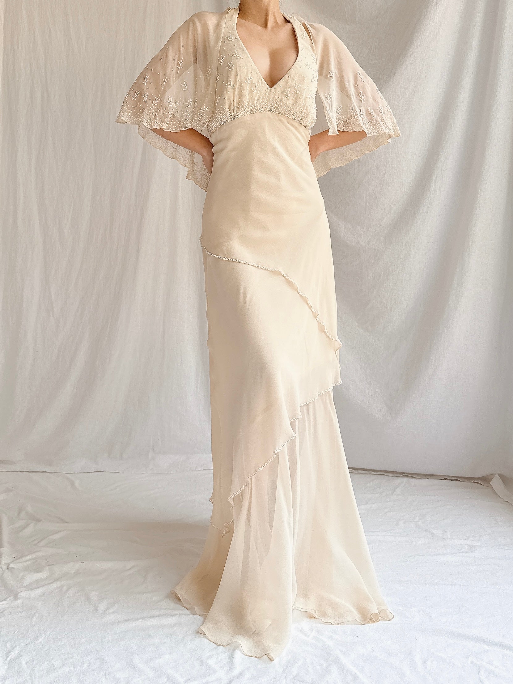 Vintage Almond Silk Cape Gown - M