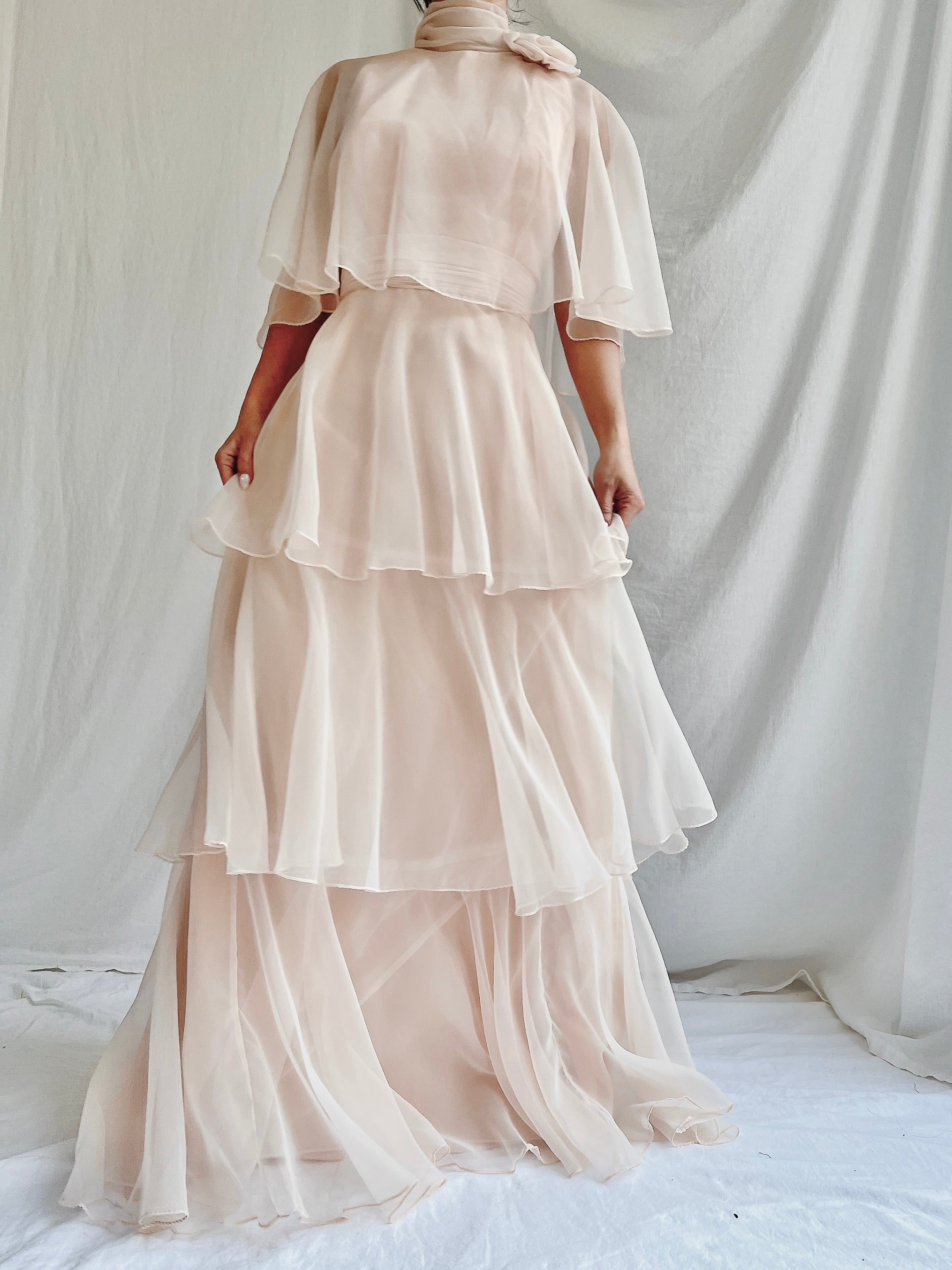 Vintage Almond Tiered Chiffon Dress - S/4