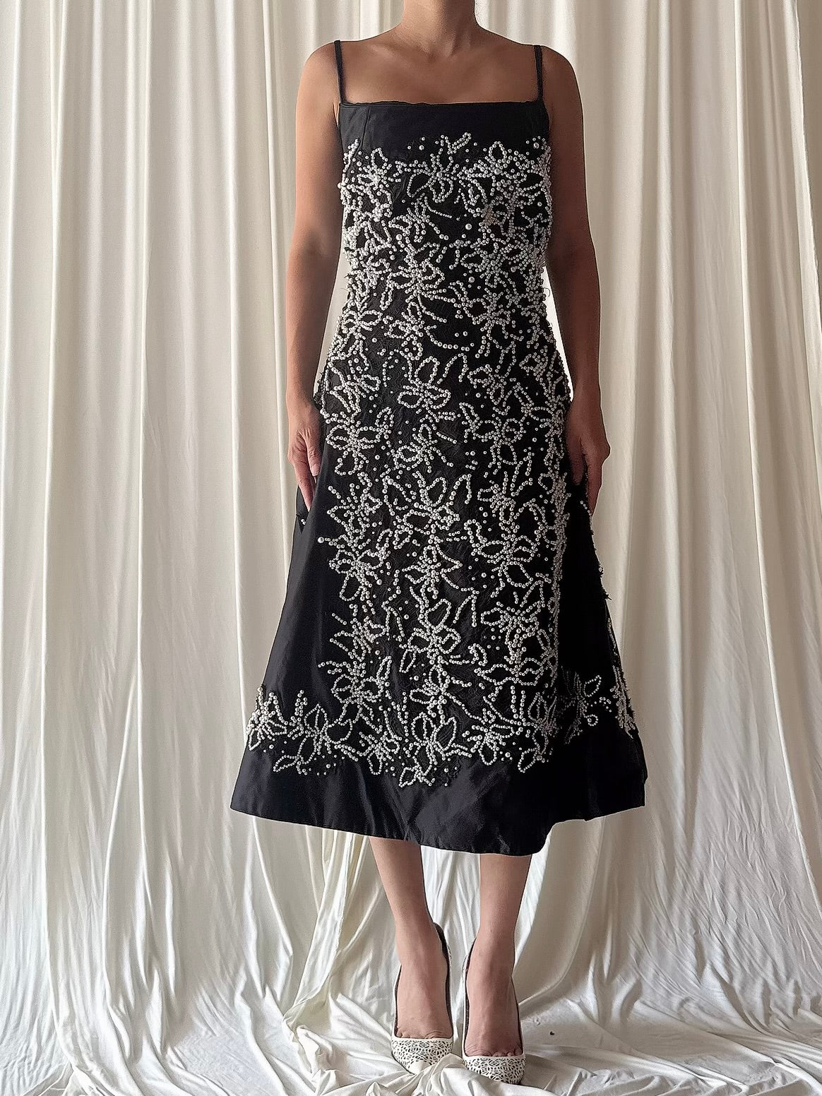 Vintage Silk Pearl Beaded Black Dress - L