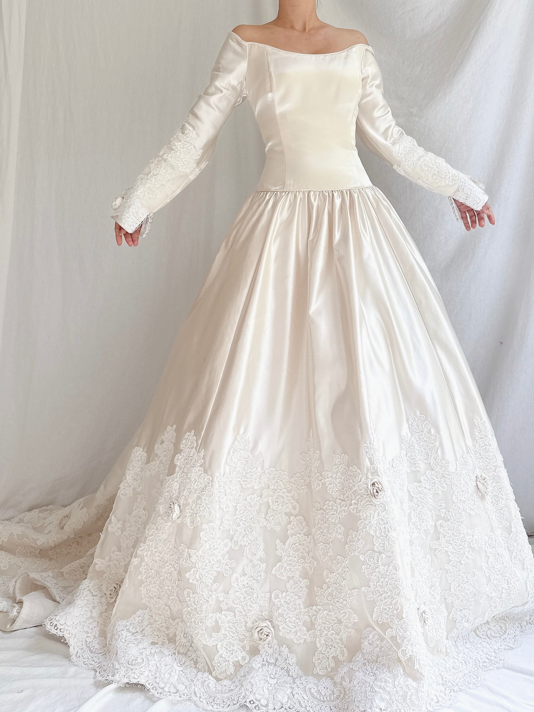 1990s Mori Lee Satin and Lace Gown - M