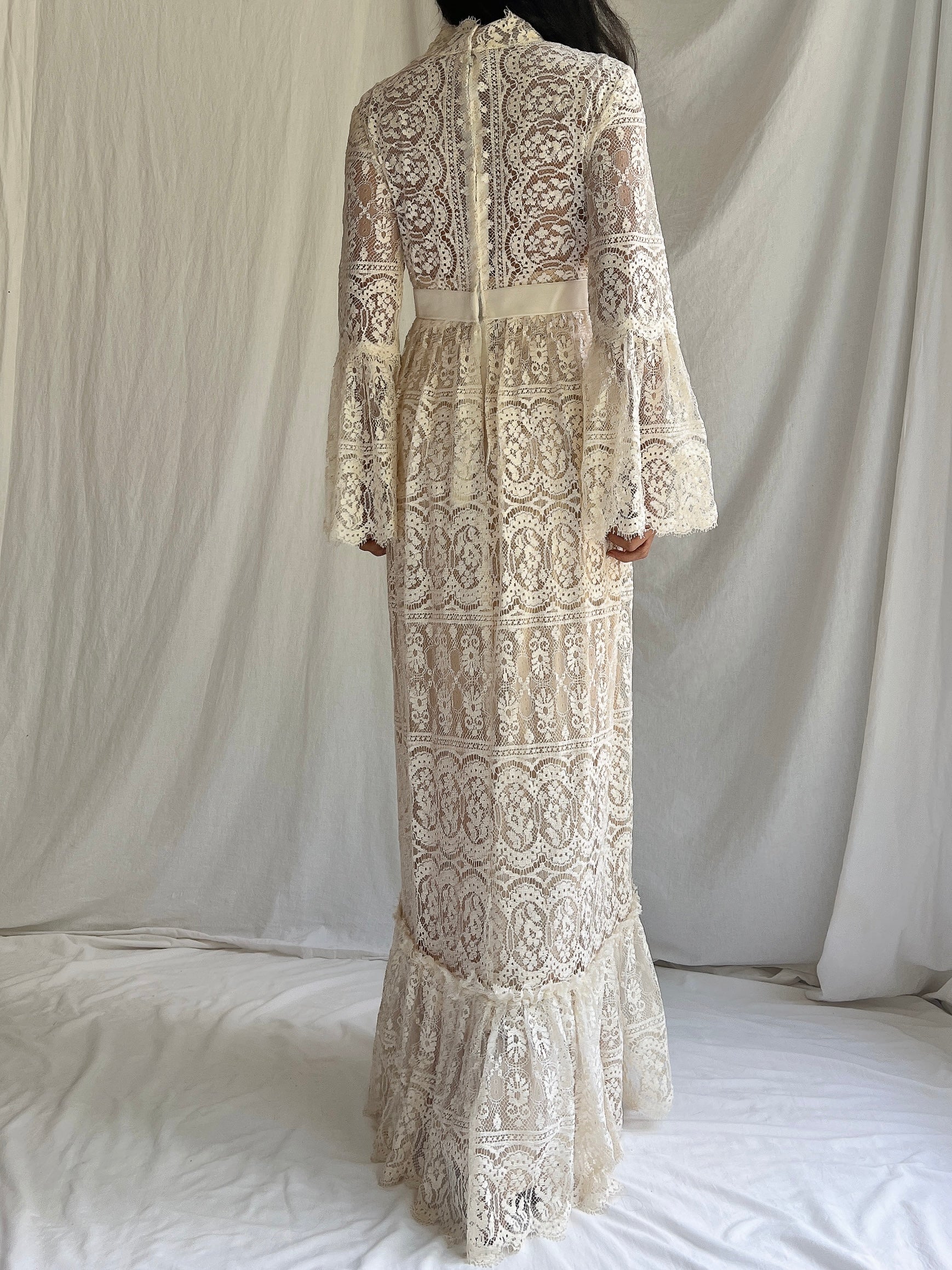 1970s Bell Sleeves Crochet Dress - XS