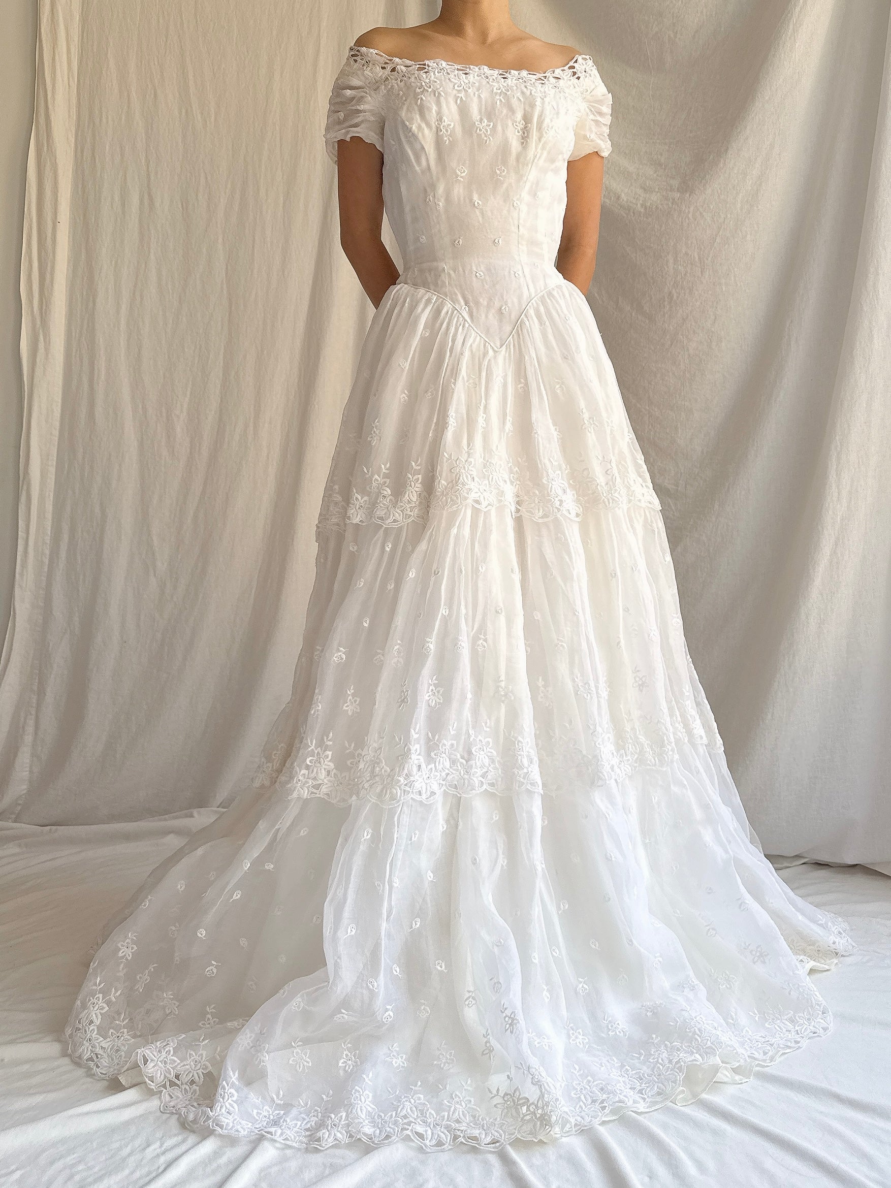 RESERVED for Colette 1950s Organdy Embroidered Gown - XS