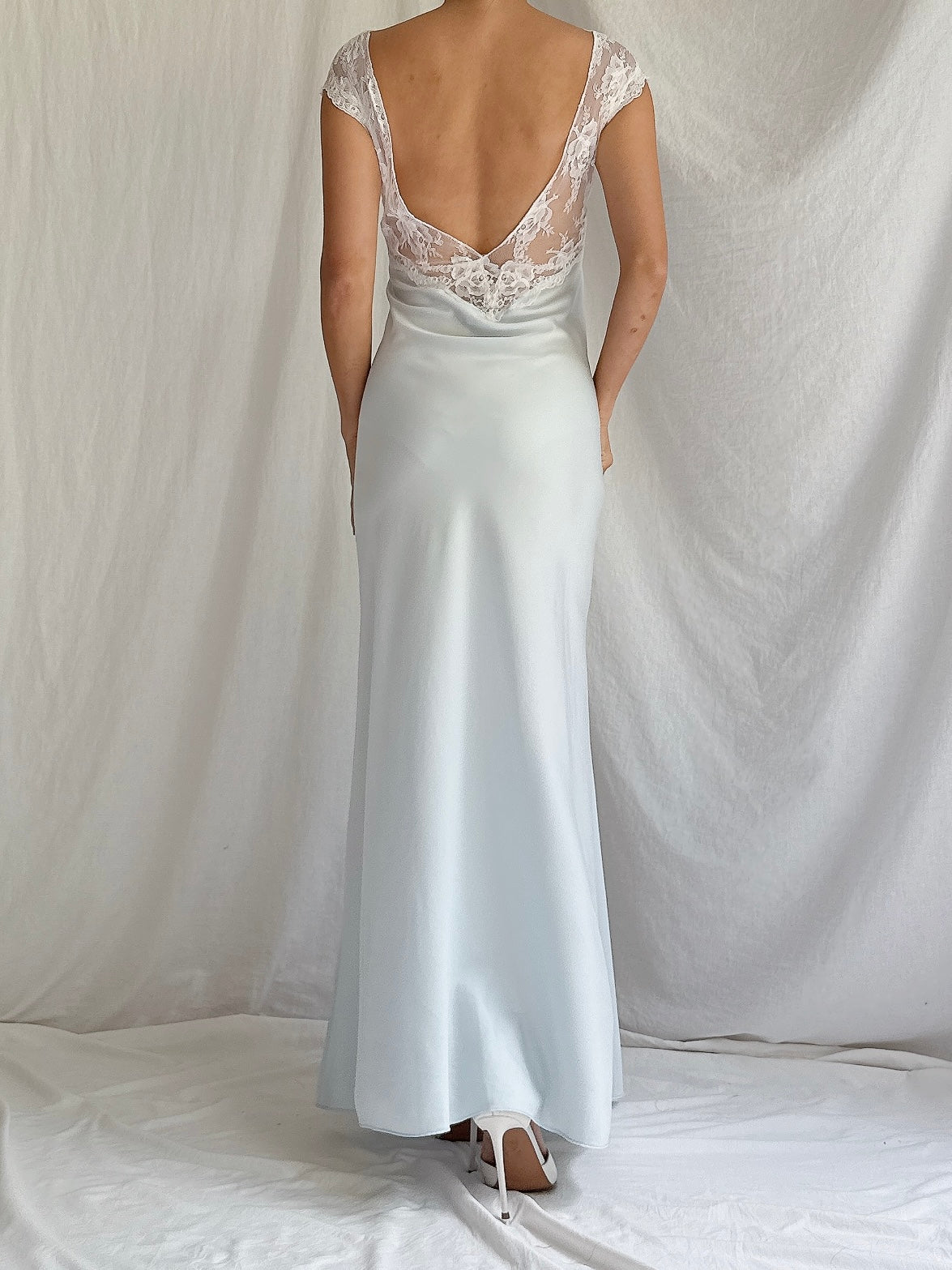 1980s Light Blue Nylon Lace Dress - M