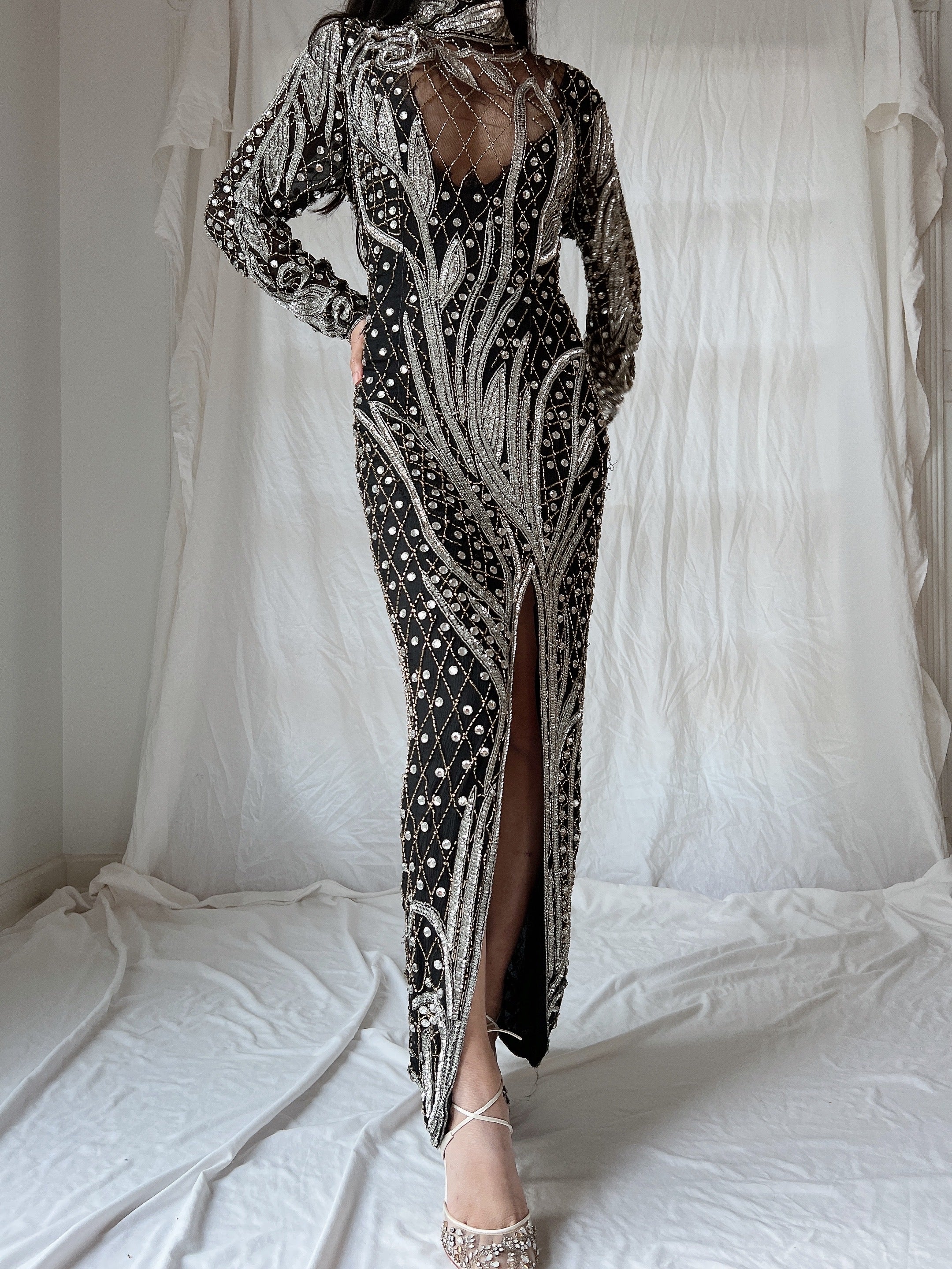 1980s Crystal Beaded Silk Gown - S/M