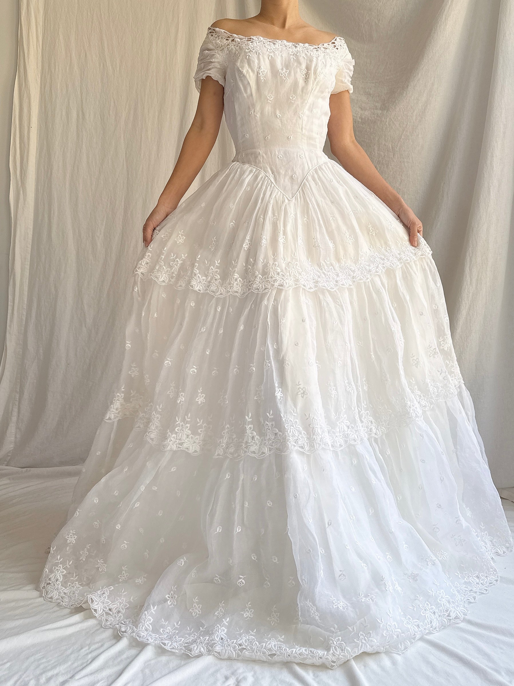 RESERVED for Colette 1950s Organdy Embroidered Gown - XS