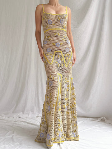Vintage Chartreuse/Moss Crochet Dress - S-M