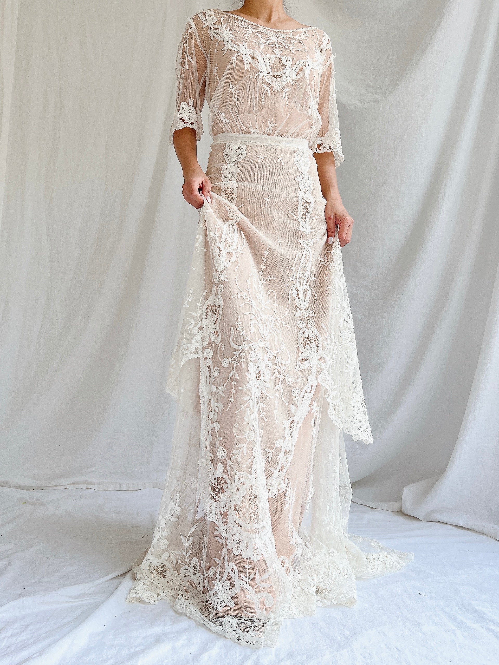 Antique Duchesse Lace Gown with Silk Slip - S