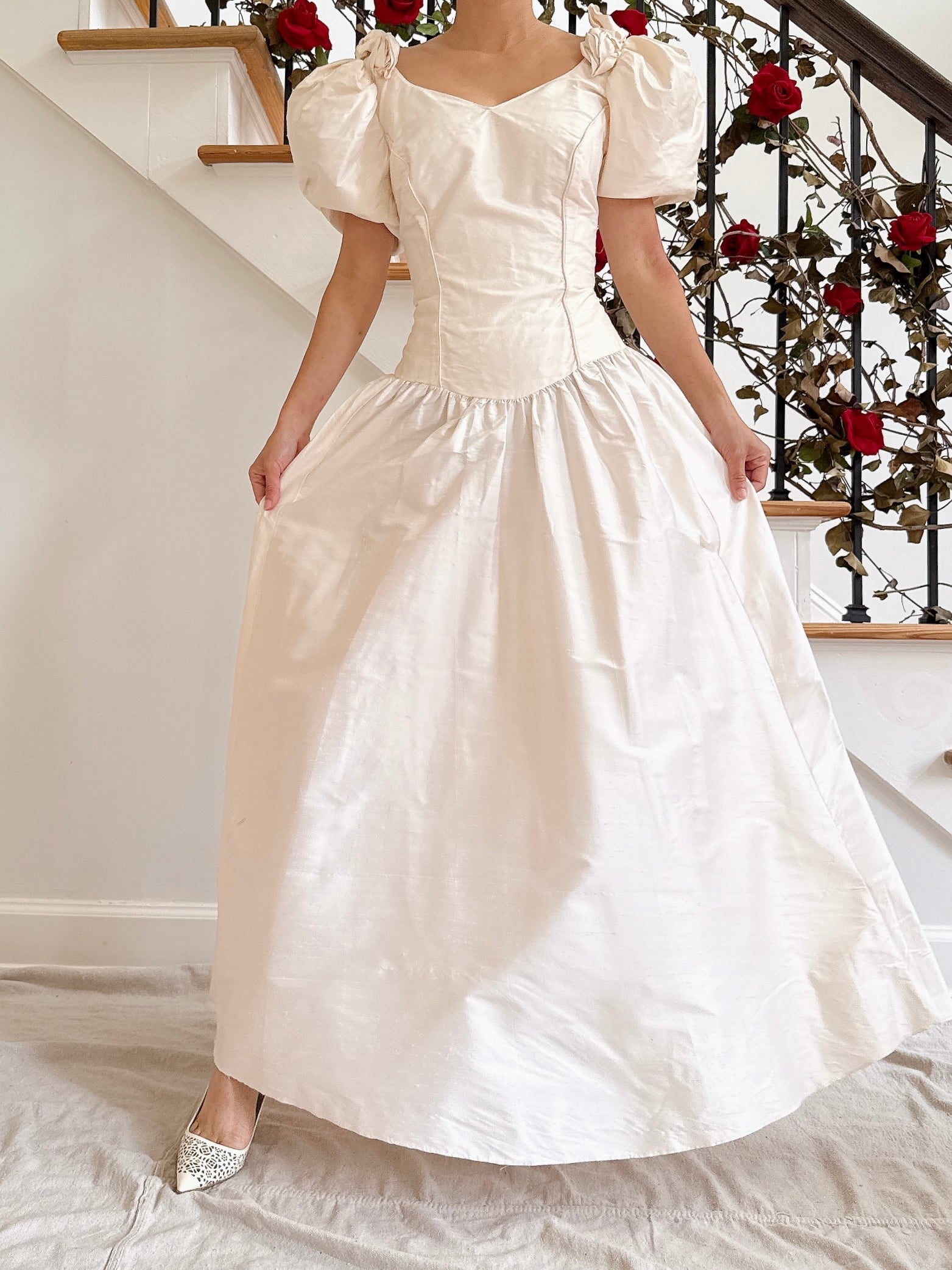 Vintage Puff Sleeve Raw Silk Dress - 34B/28W/53L