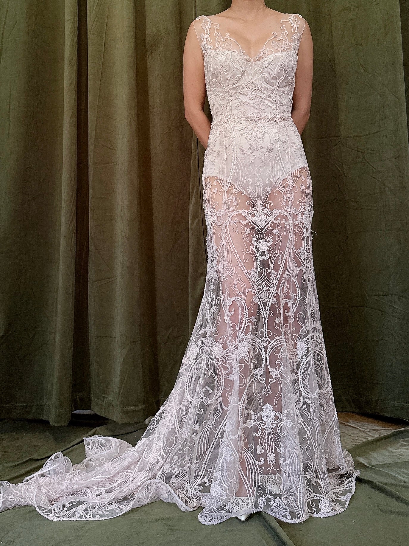 00 Light Pink Sheer Beaded Gown - M