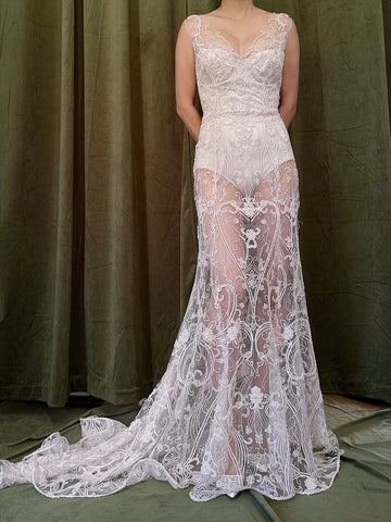 00 Light Pink Sheer Beaded Gown - M