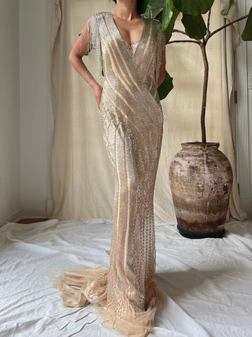 Vintage Beaded Gold/Nude Gown - S/4