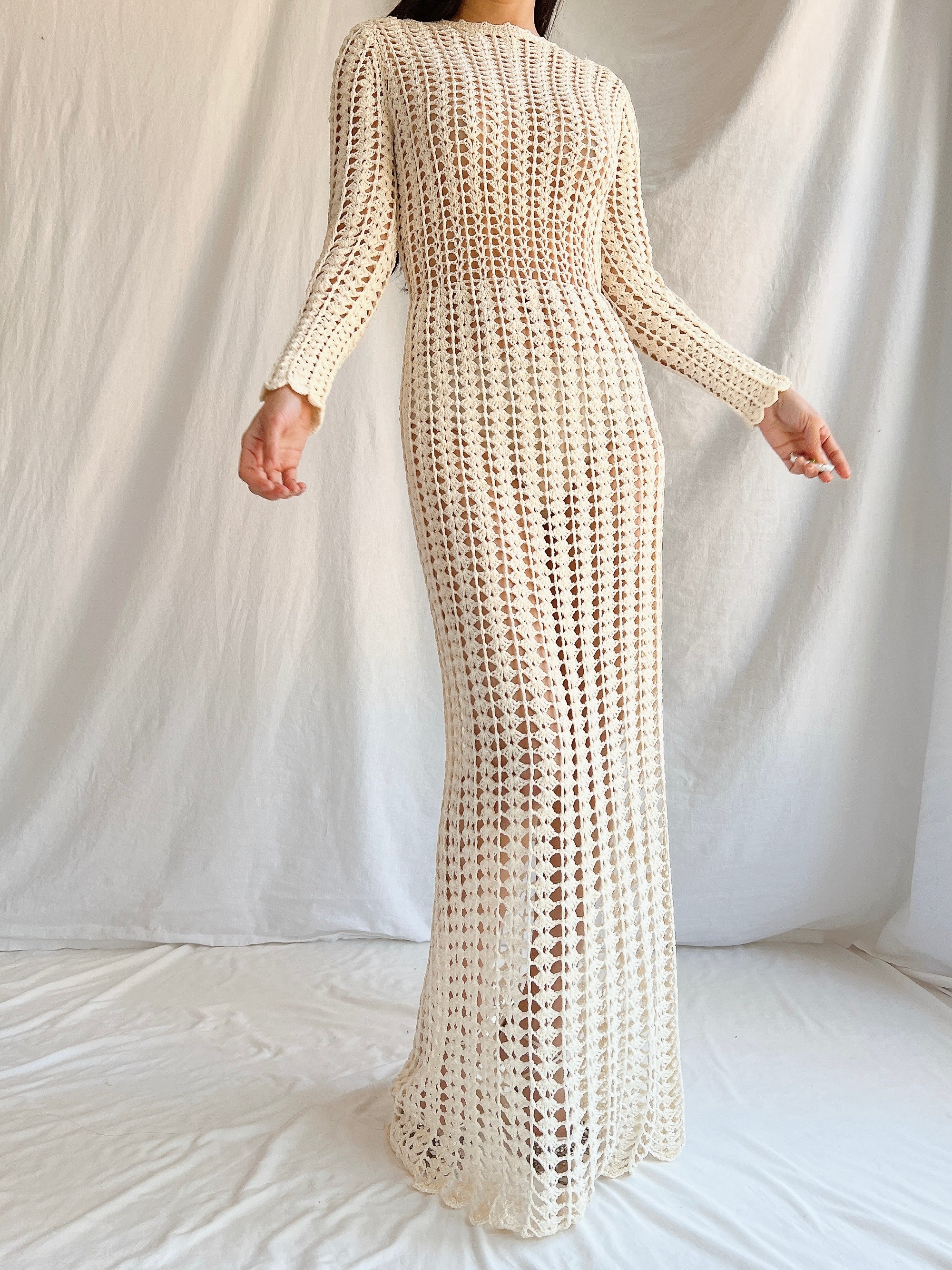 1970s Reversible Crochet Long Sleeve Dress - S