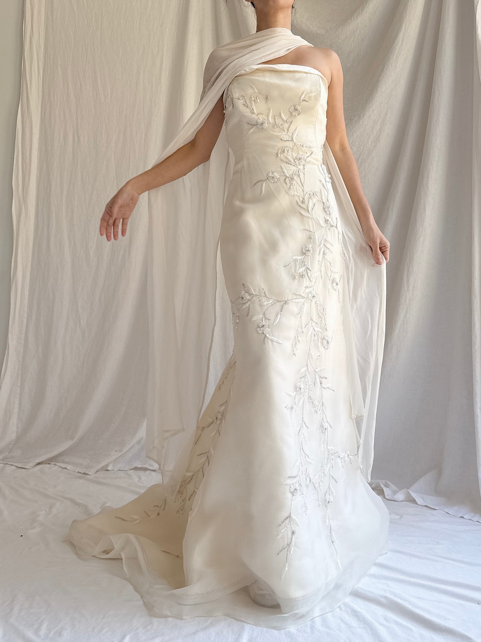 Vintage Lazaro Silk Strapless Lily-of-the-Valley Gown - M 6/8
