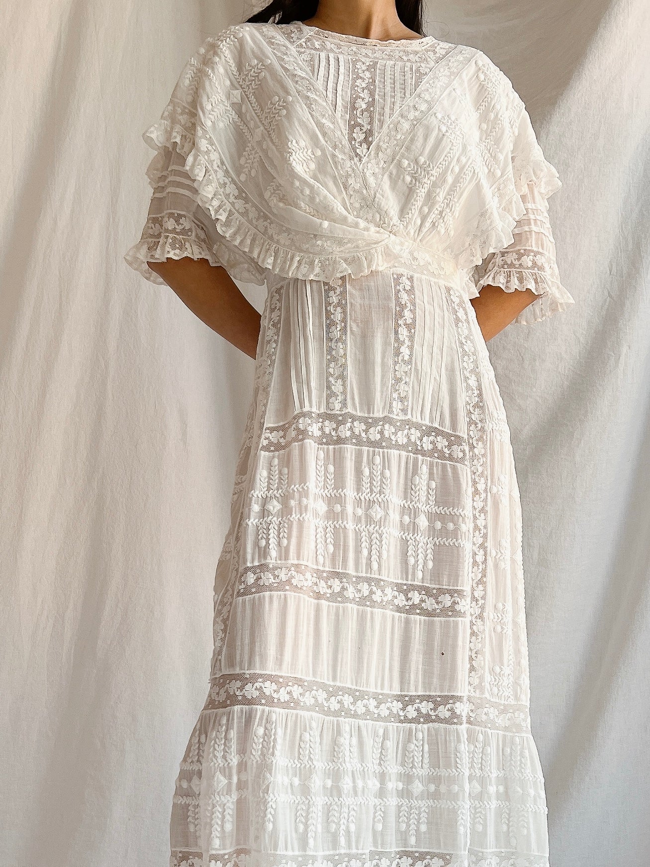 Edwardian Cotton Draped Bodice Lawn Dress - XS