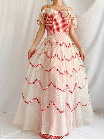 1930s Gingham Organdy Dress - S
