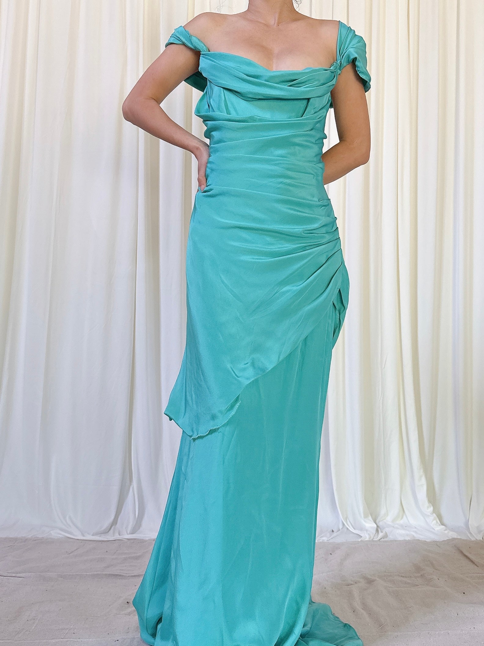 Vintage Teal Silk Off the Shoulder Silk Gown - M/8