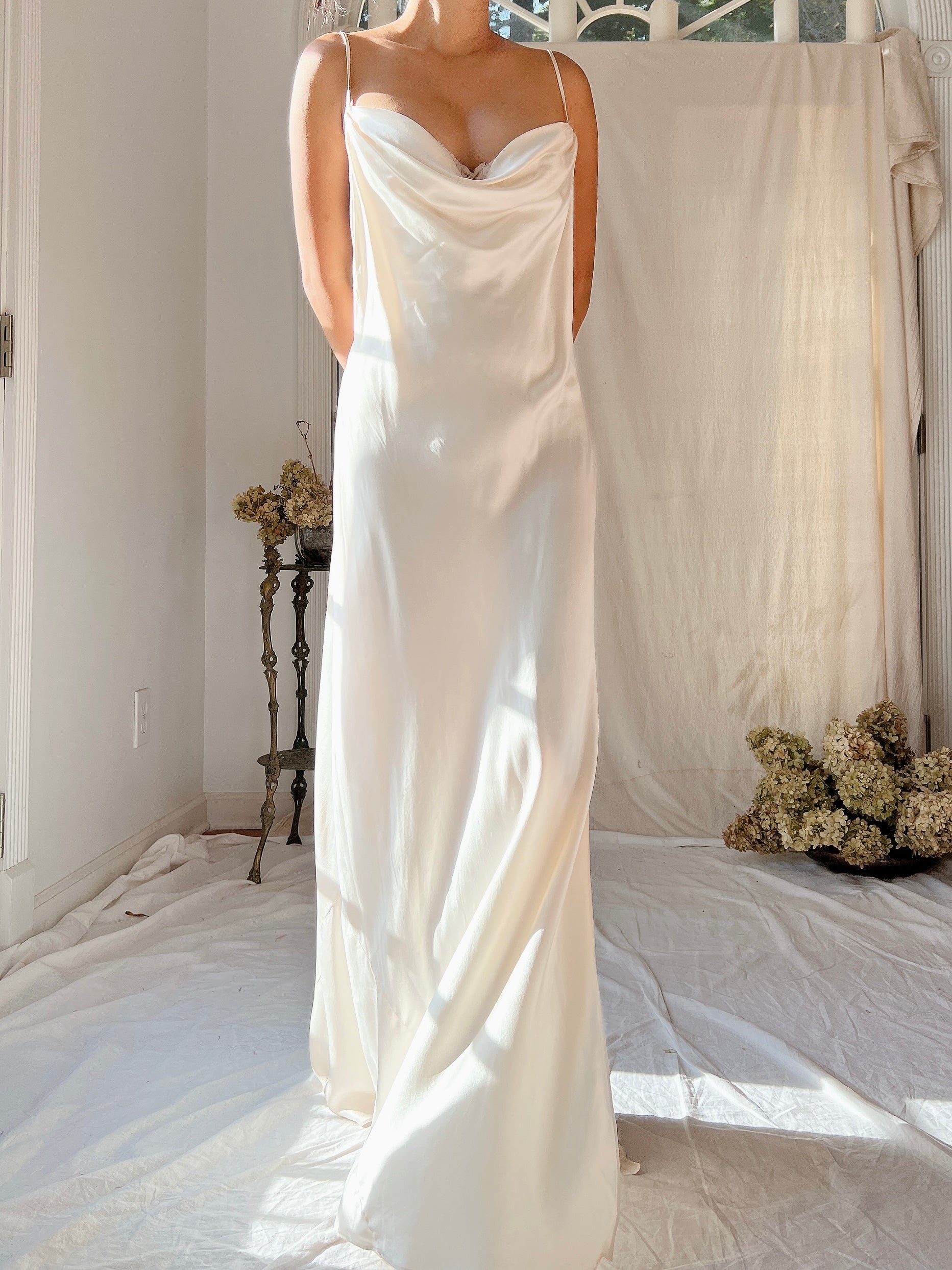 Vintage Ivory Silk Charmeuse Bias Cut Dress - M
