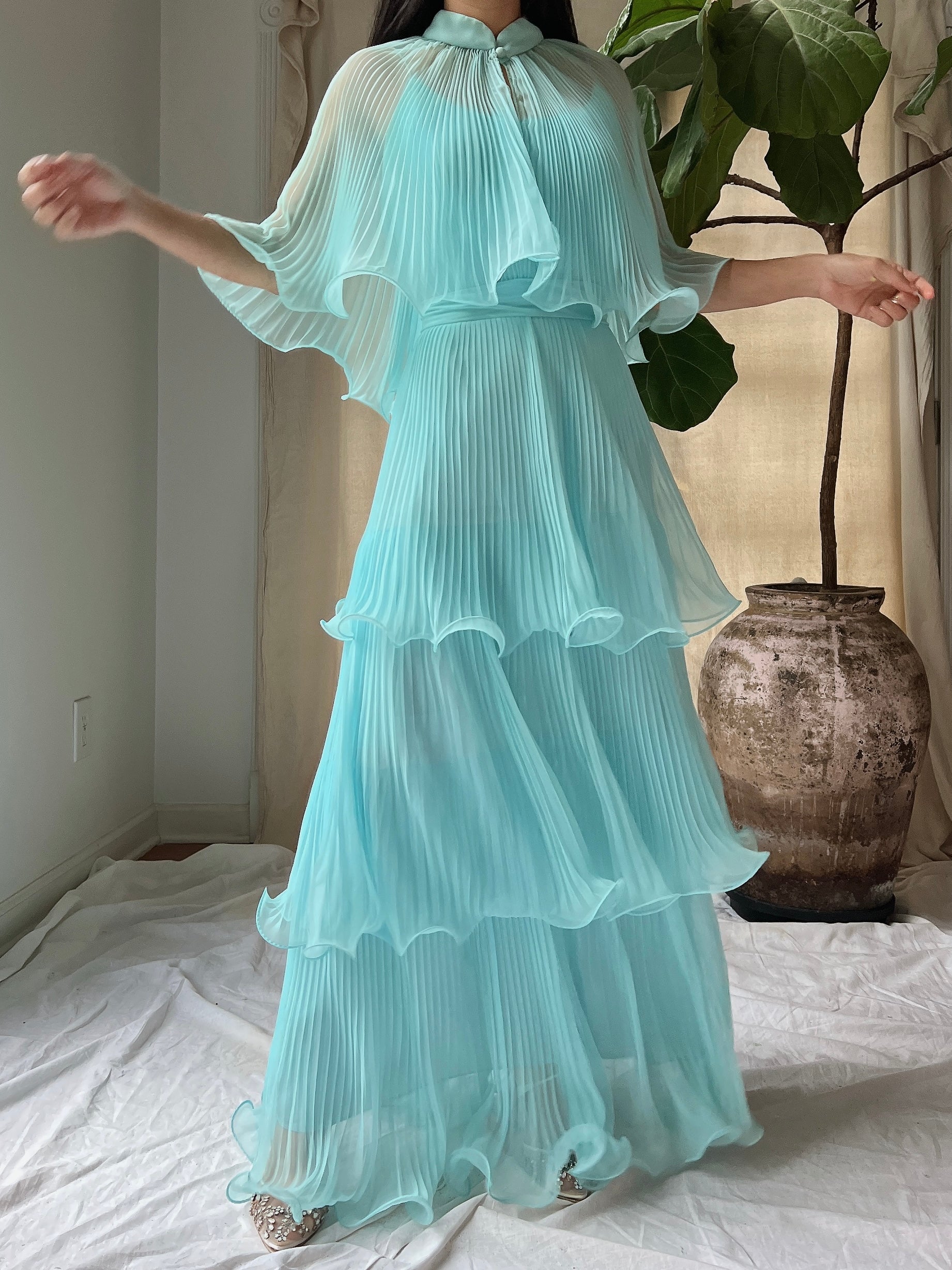 Vintage Pleated Tiered Gown - S