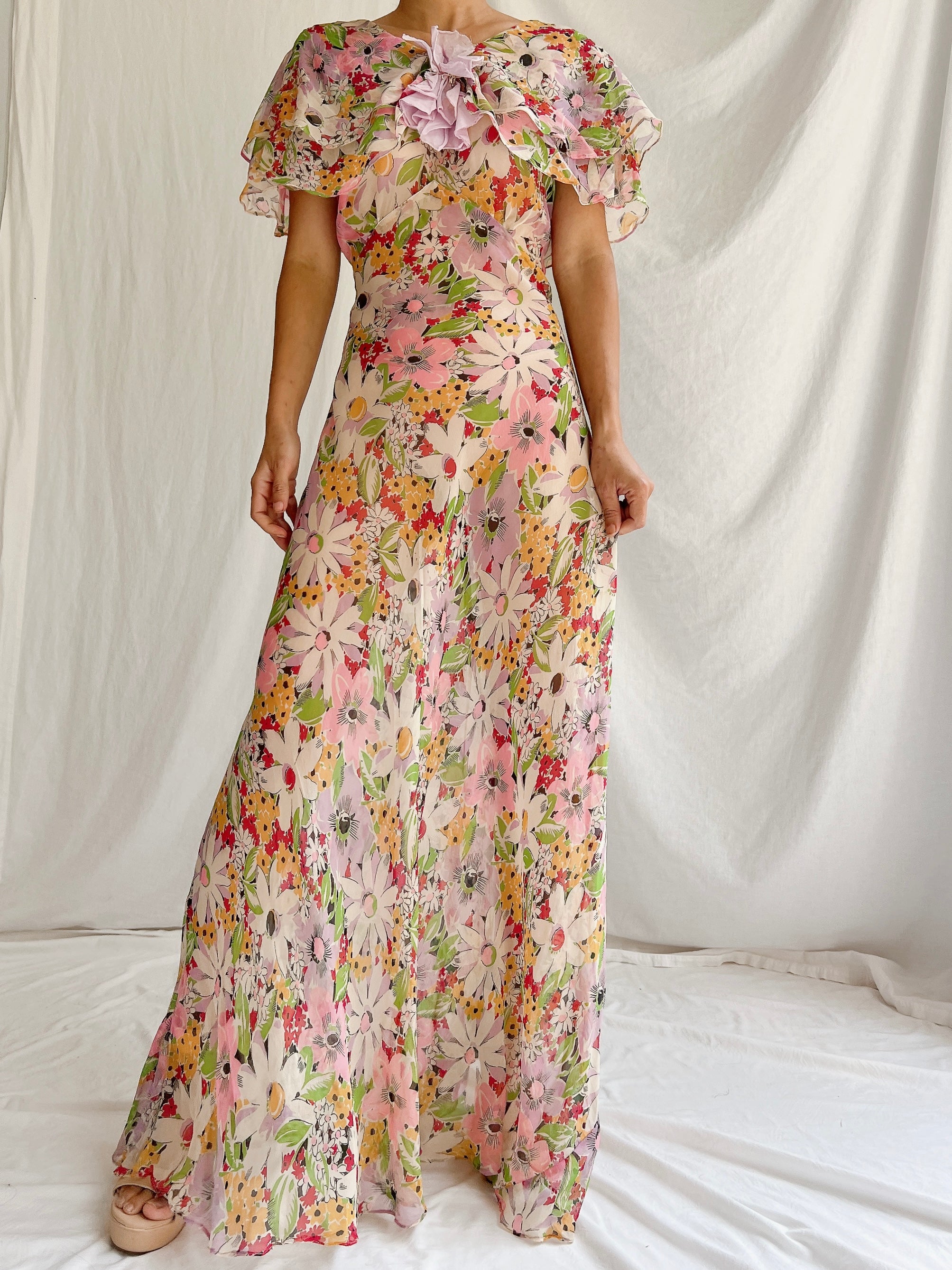 1930s Silk Floral Gown - XS/S