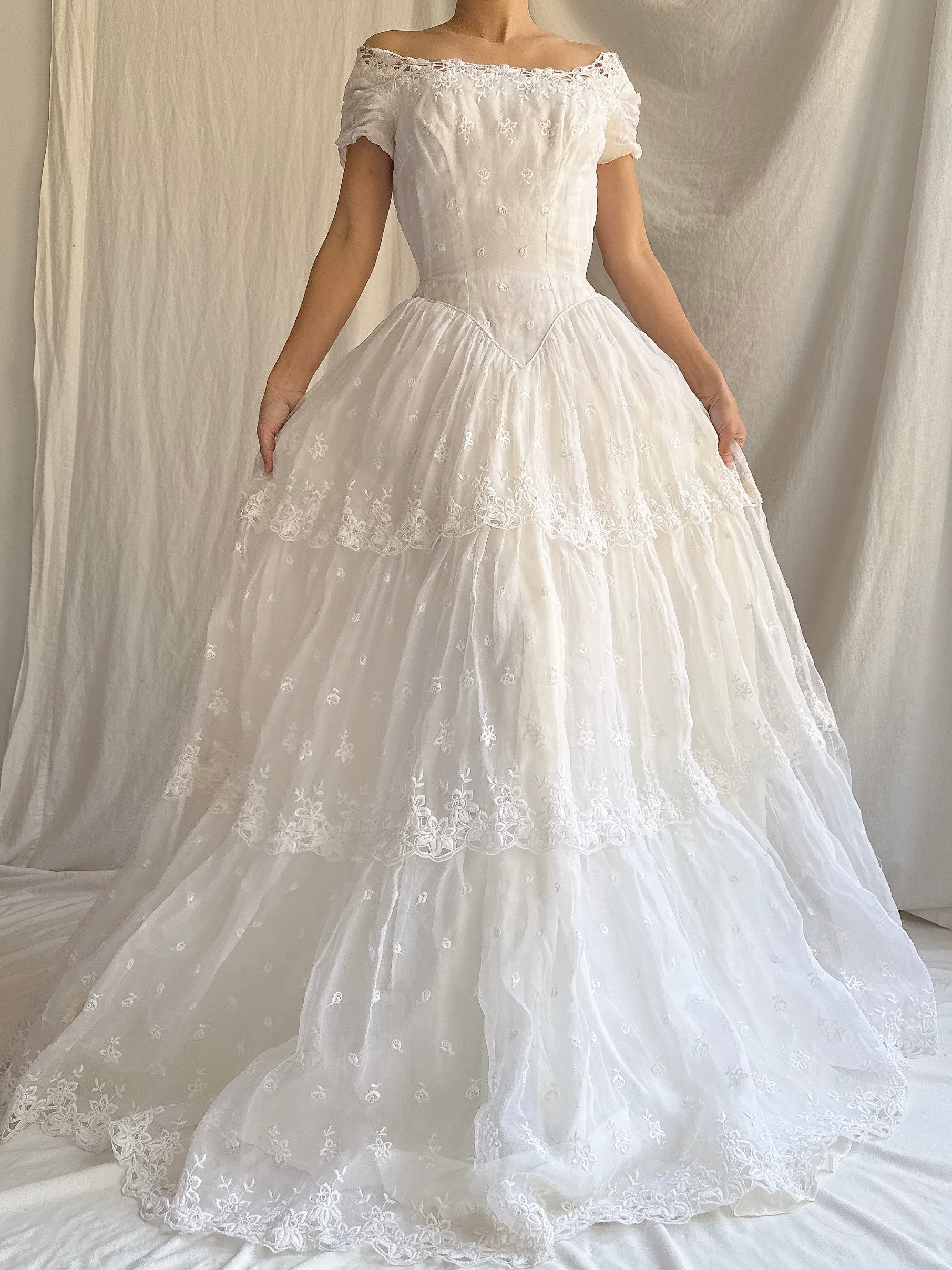 RESERVED for Colette 1950s Organdy Embroidered Gown - XS