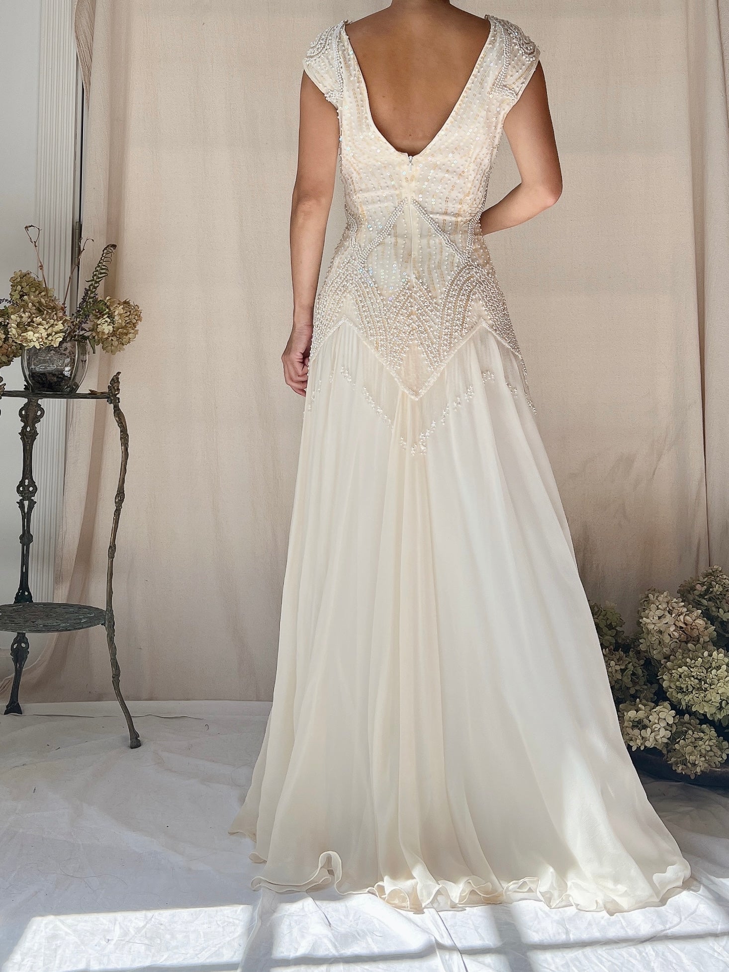 Vintage Silk Chiffon Pearl Fringe Dress - M(US 6/8)