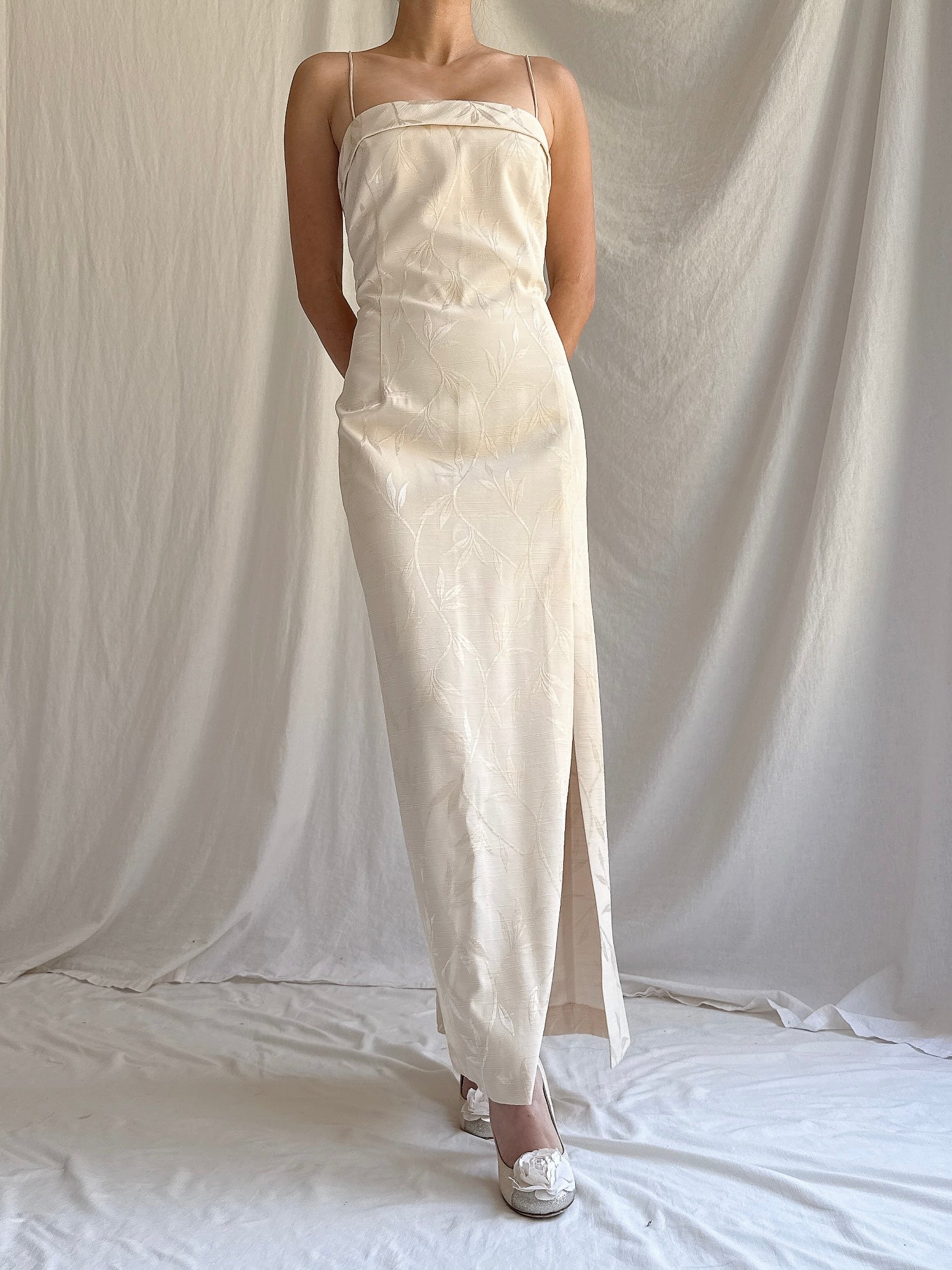Vintage Beige Rayon Square neckline Dress - S