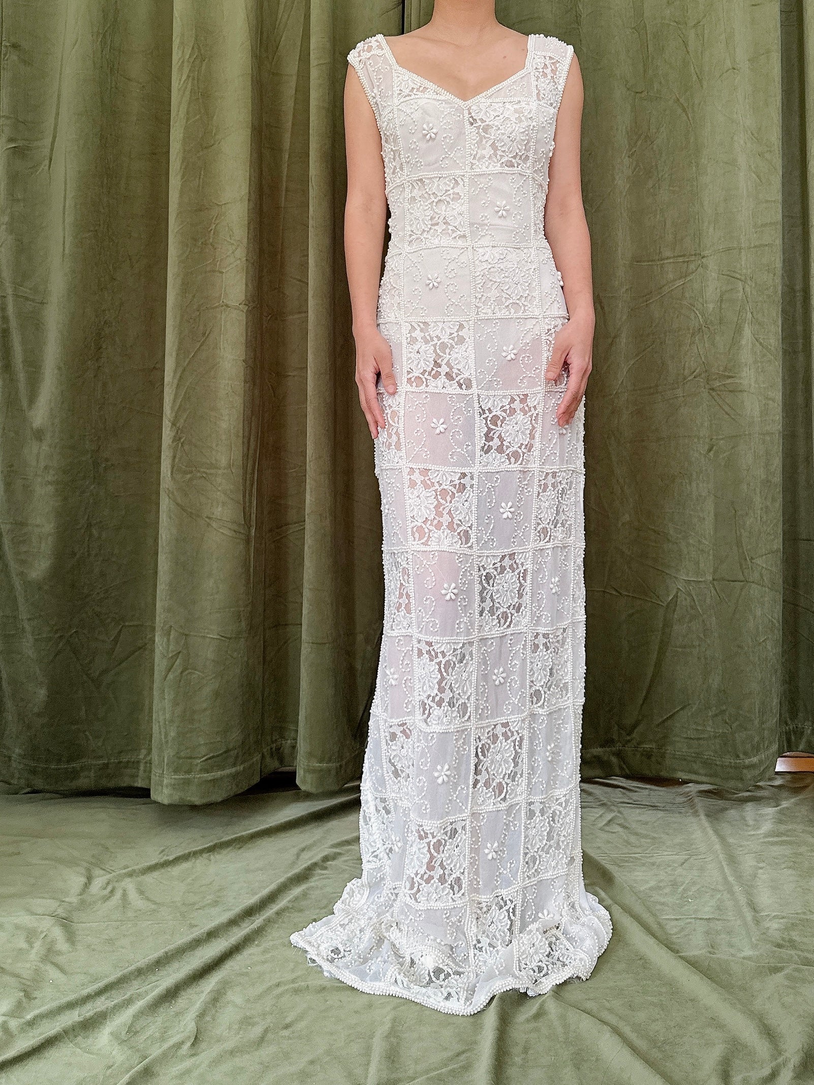 Vintage Sheer Beaded Dress - L 32W/42H/38B/61L
