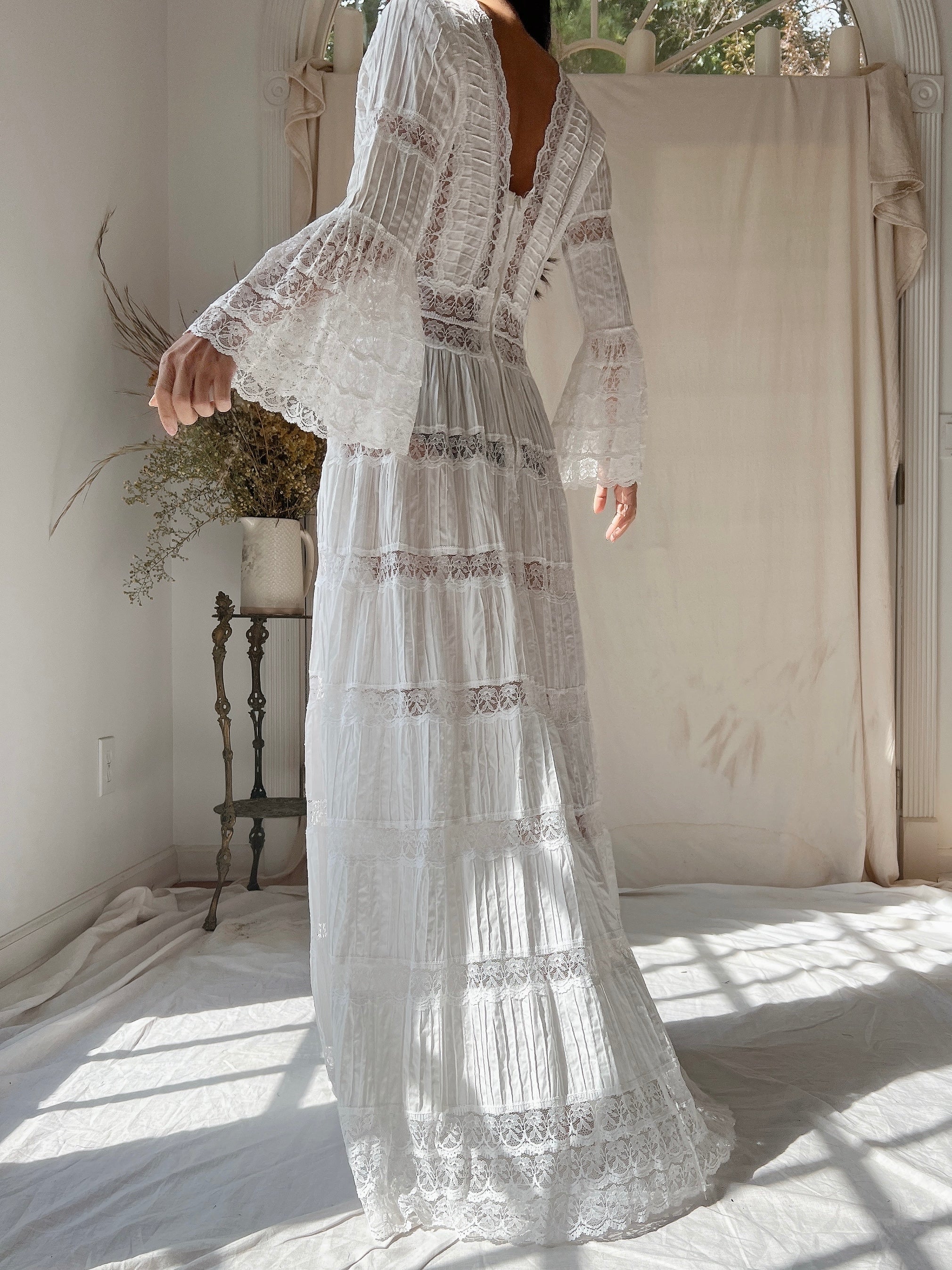 1970s Bell Sleeves Cotton Gown - XS