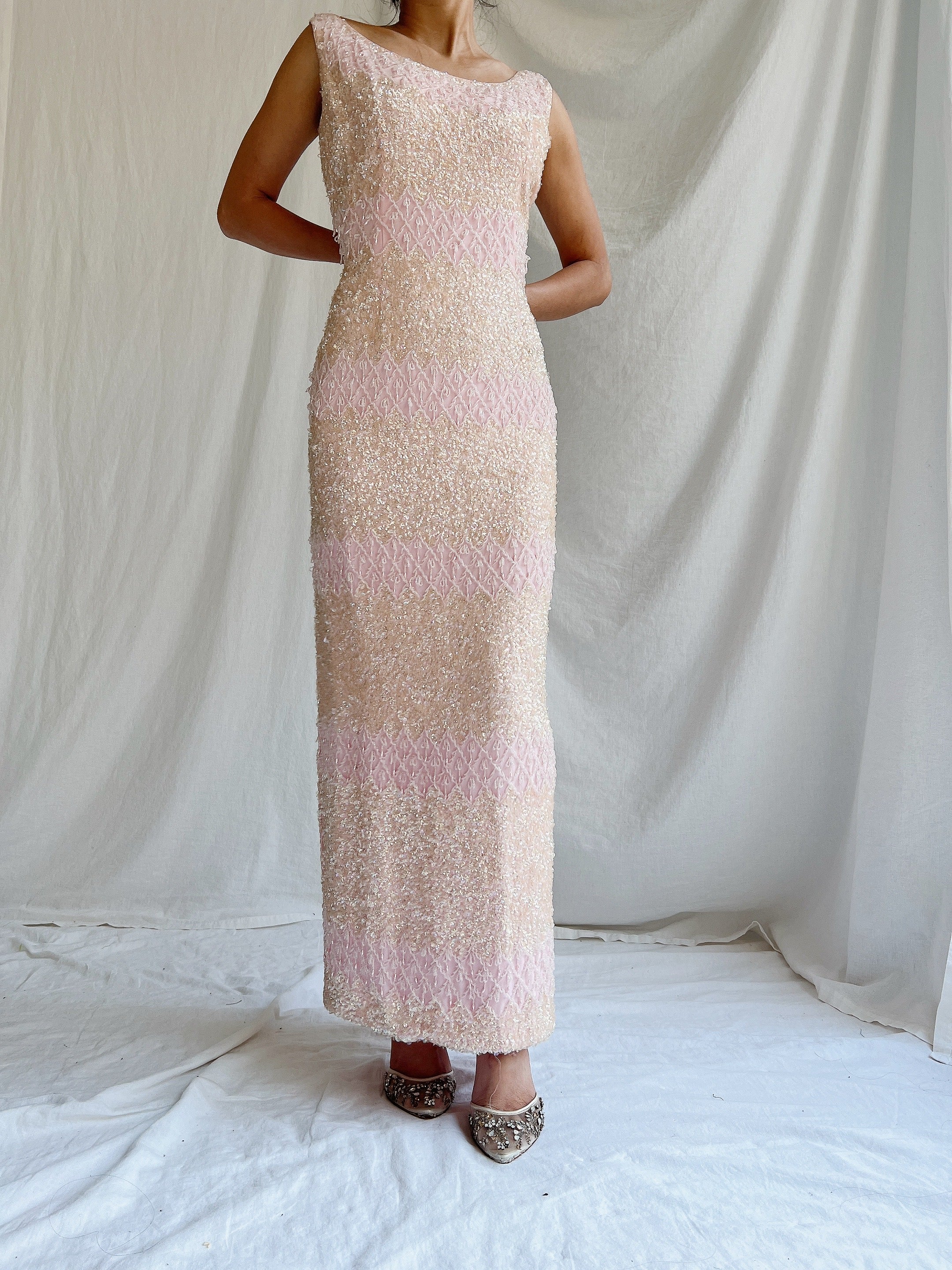 1960s Pink Silk Sequins Dress - SM