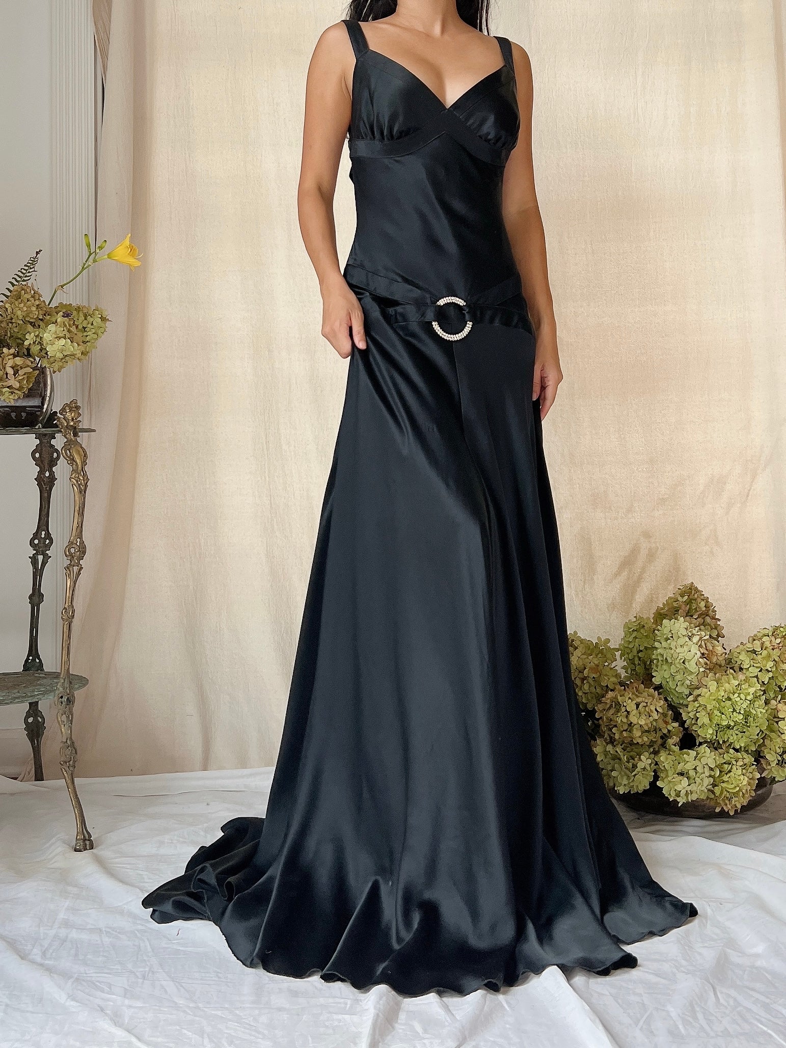Vintage Black Silk Bias Cut Gown - S