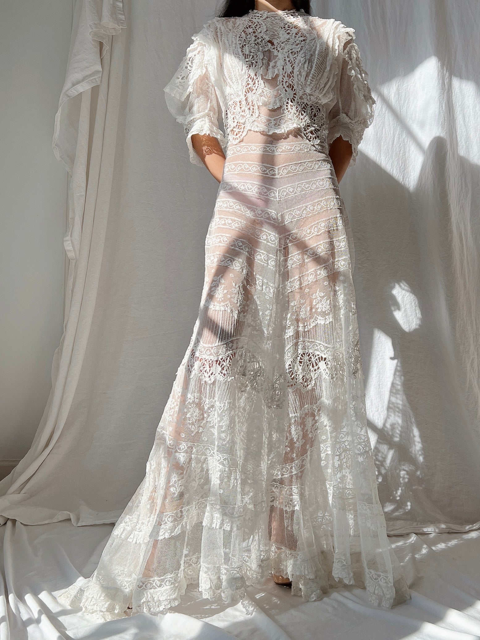 Rare Puff Sleeve Antique Tulle and Valenciennes Gown - S
