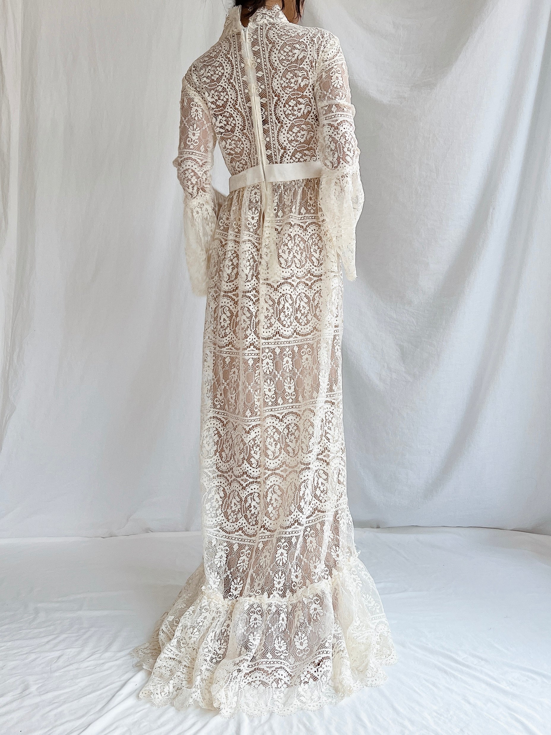 1970s Sheer Filet Lace Gown - M