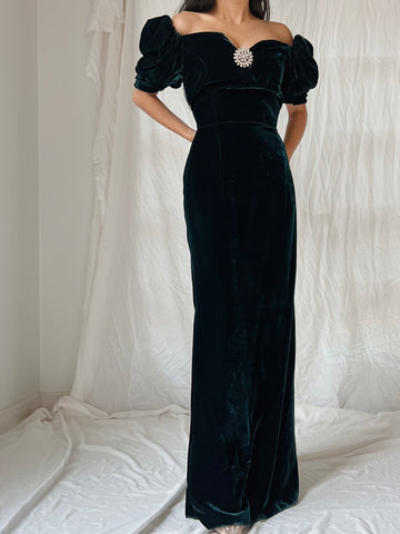 Vintage Teal Velvet Puff Sleeve Dress - XS/S