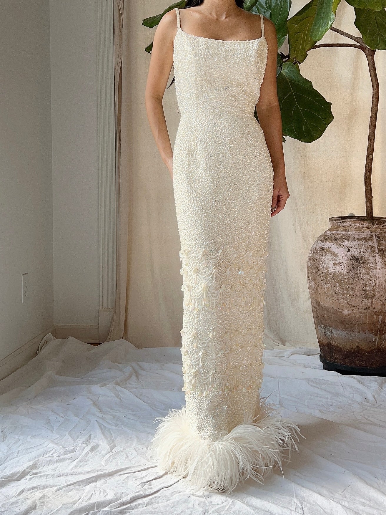 1960s Sequins Feather Hem Gown - SM