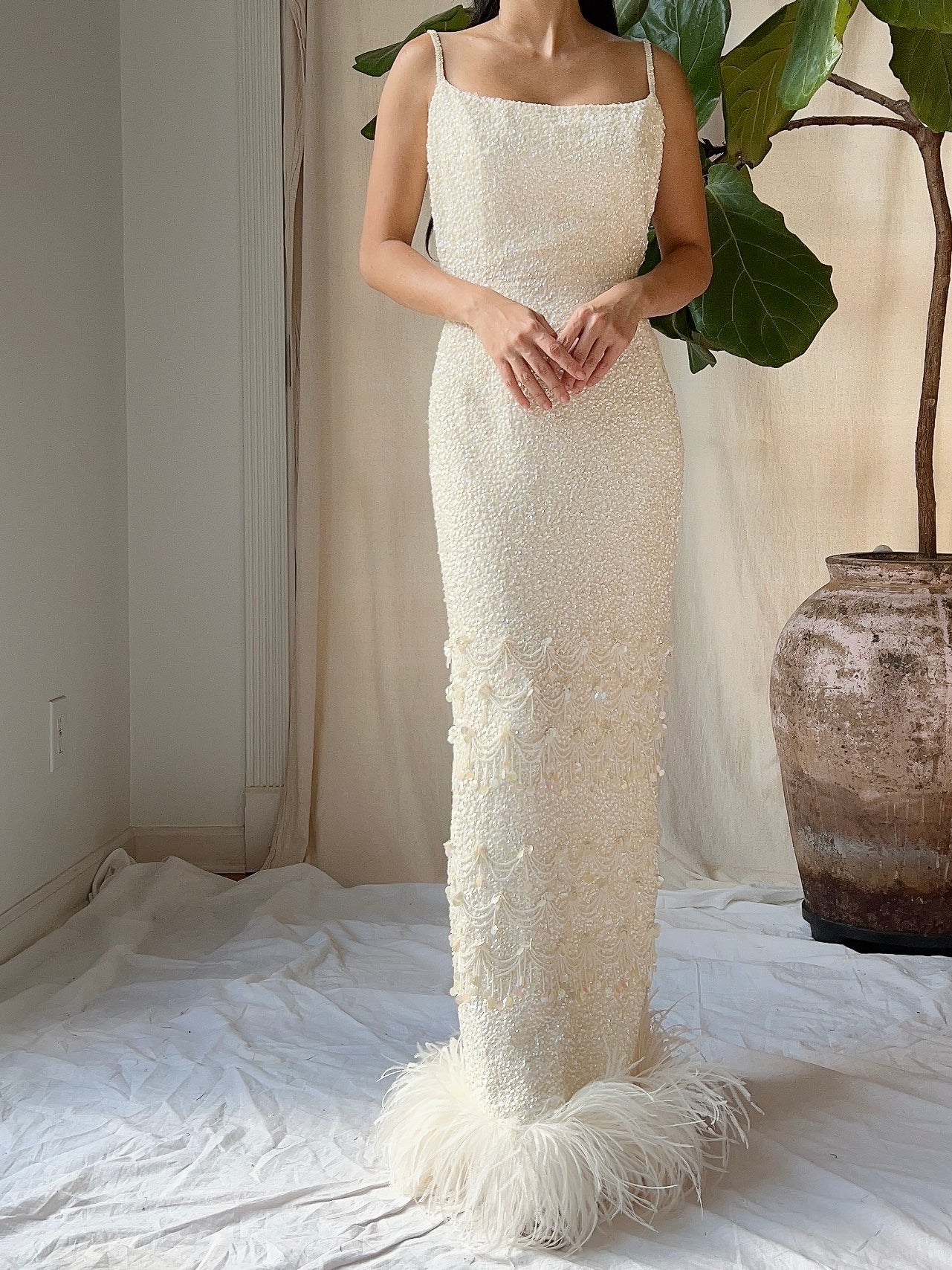 1960s Sequins Feather Hem Gown - SM